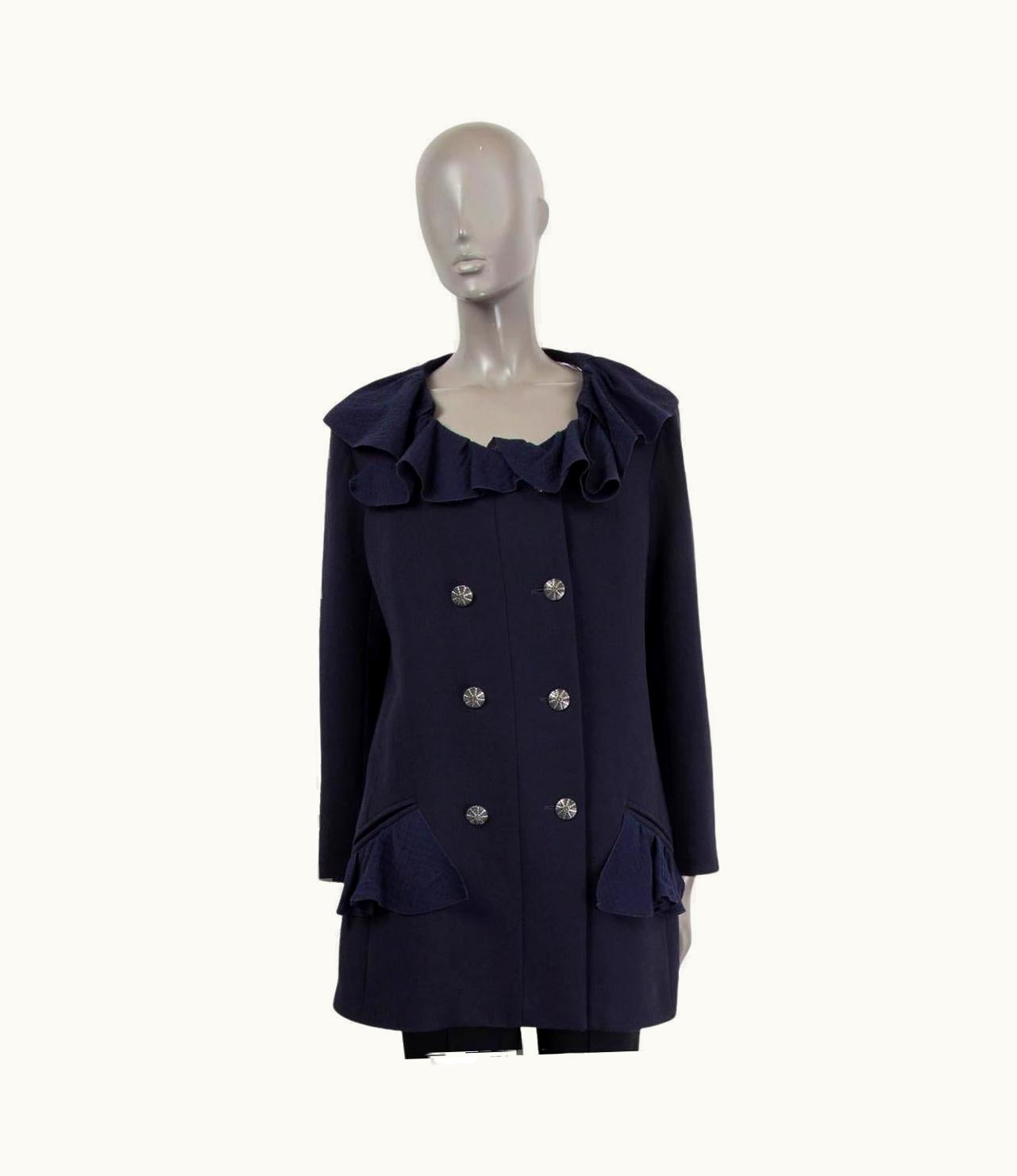 Chanel Chanel Navy Blue Wool 2020 20s Ruffled Double Breasted Jacket 44 Xl