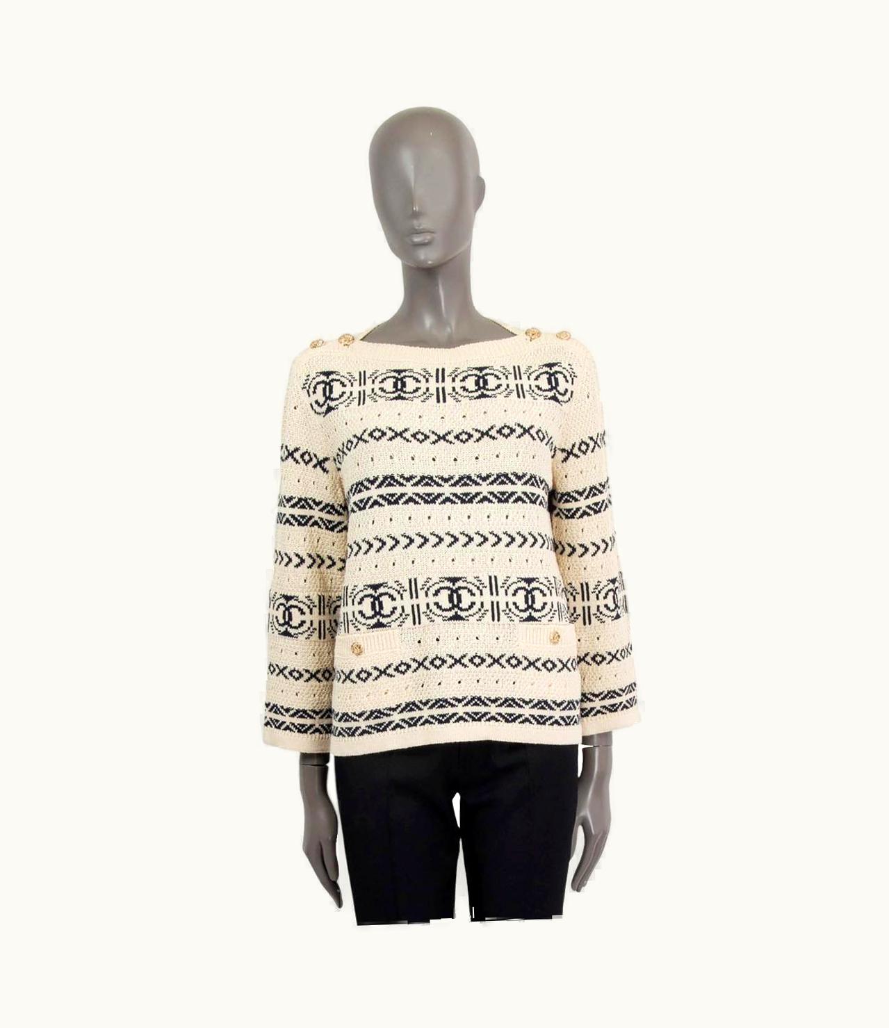 Chanel Chanel Beige & Navy Cotton 2020 3/4 Sleeve Boat Neck Sweater 36 20p