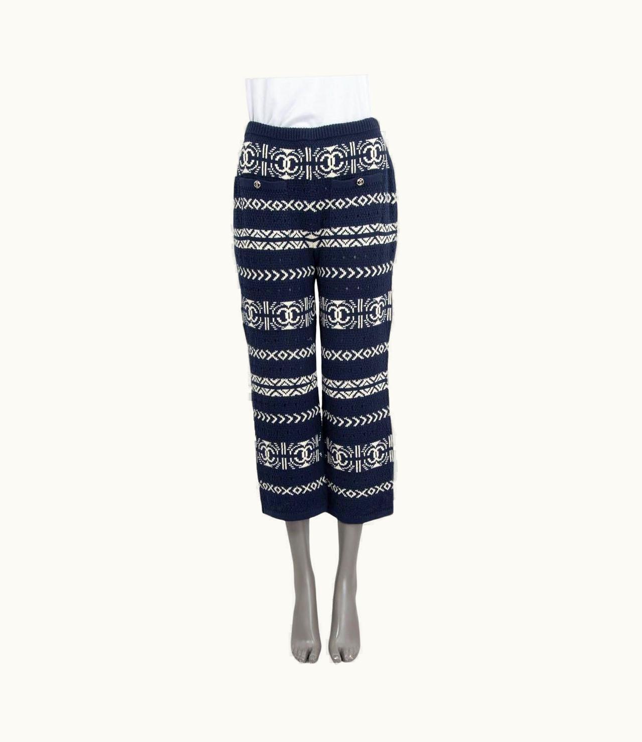 Chanel Chanel Blue & White Cotton 2020 20p Cropped Knit Pants