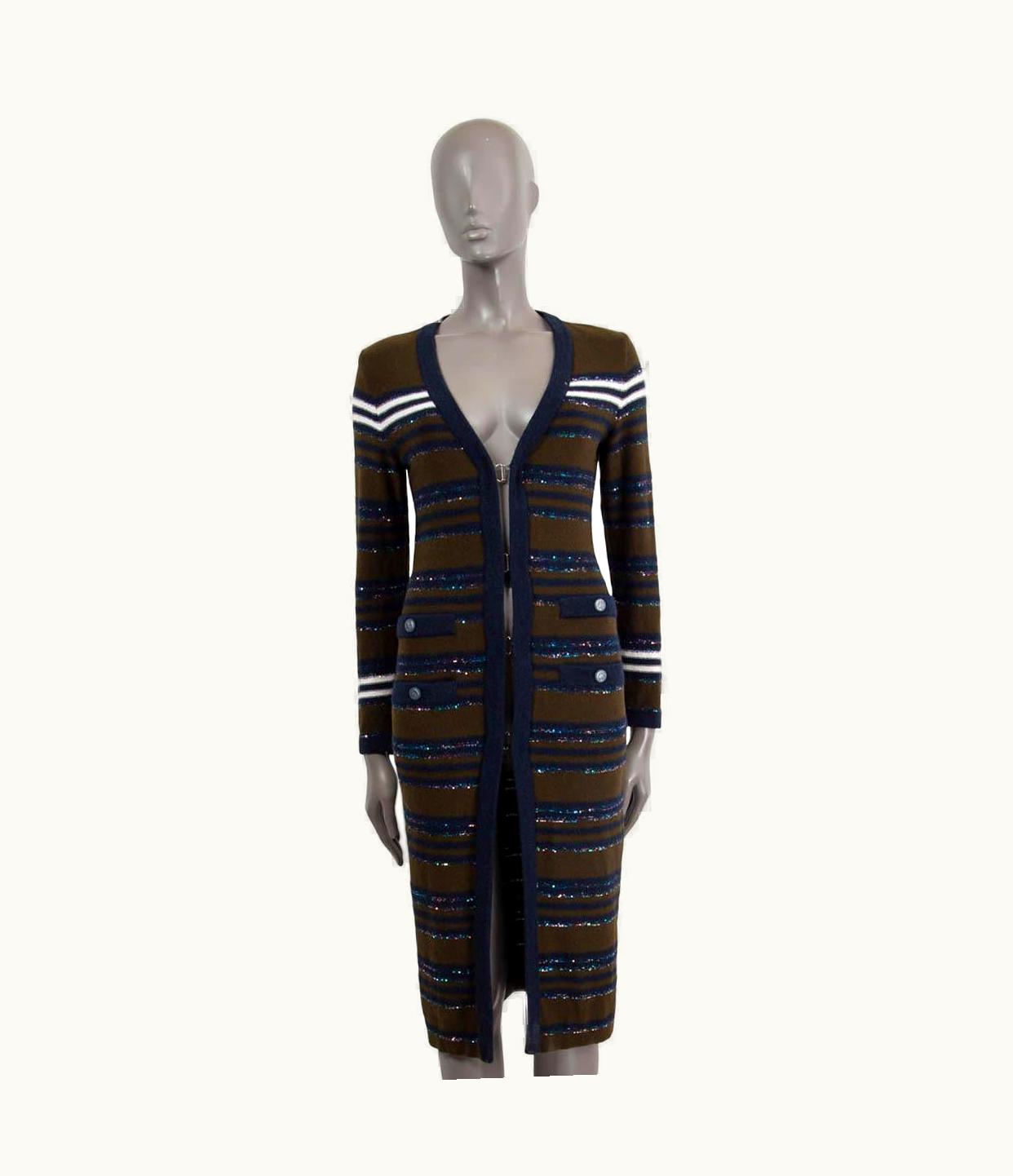 Chanel Chanel Blue & Olive Cashmere 2020 20c Striped Sequin Knit Coat Jacket 34 Xxs