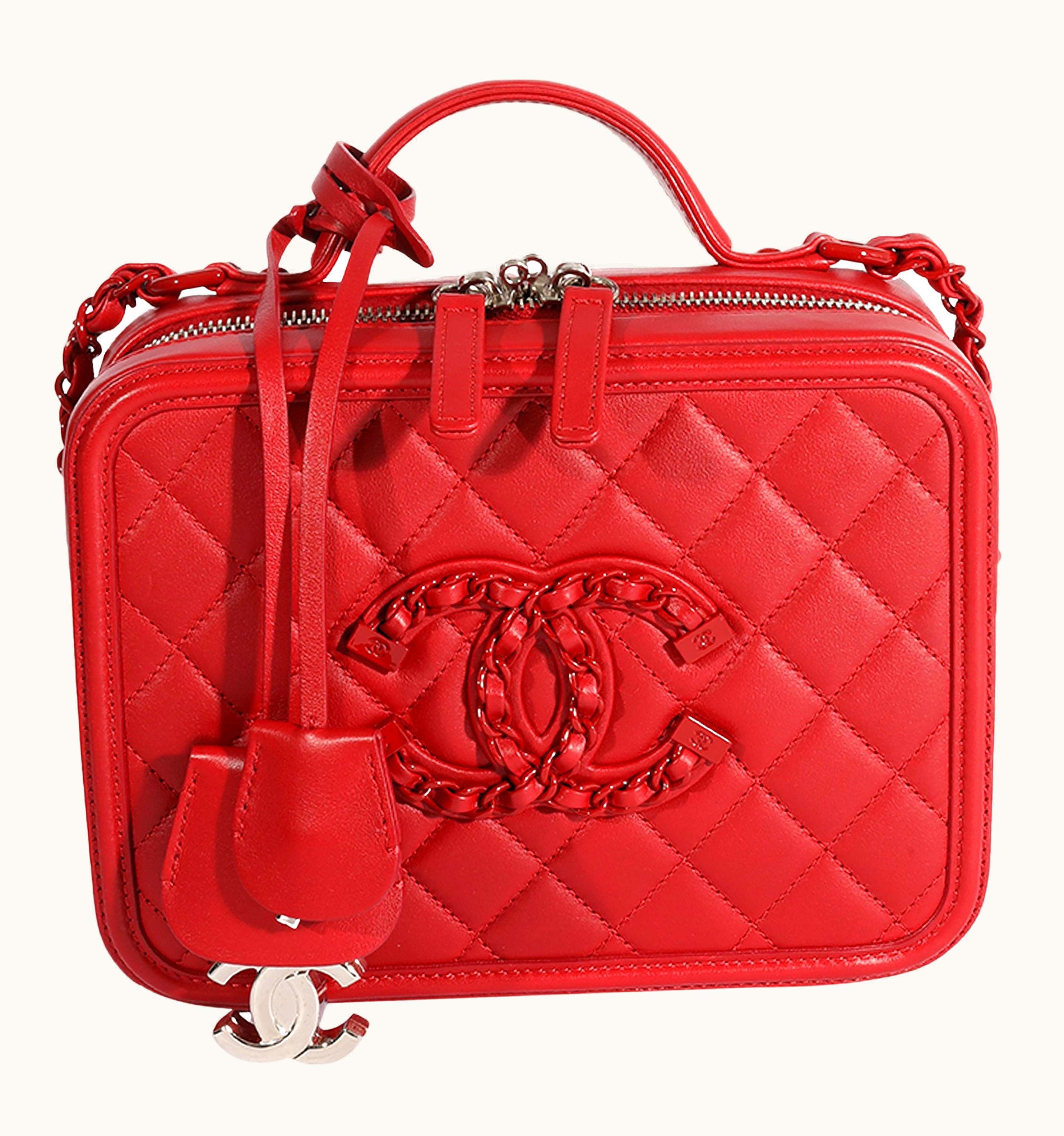 Chanel Chanel Red Quilted Lambskin Medium Filigree Vanity Case