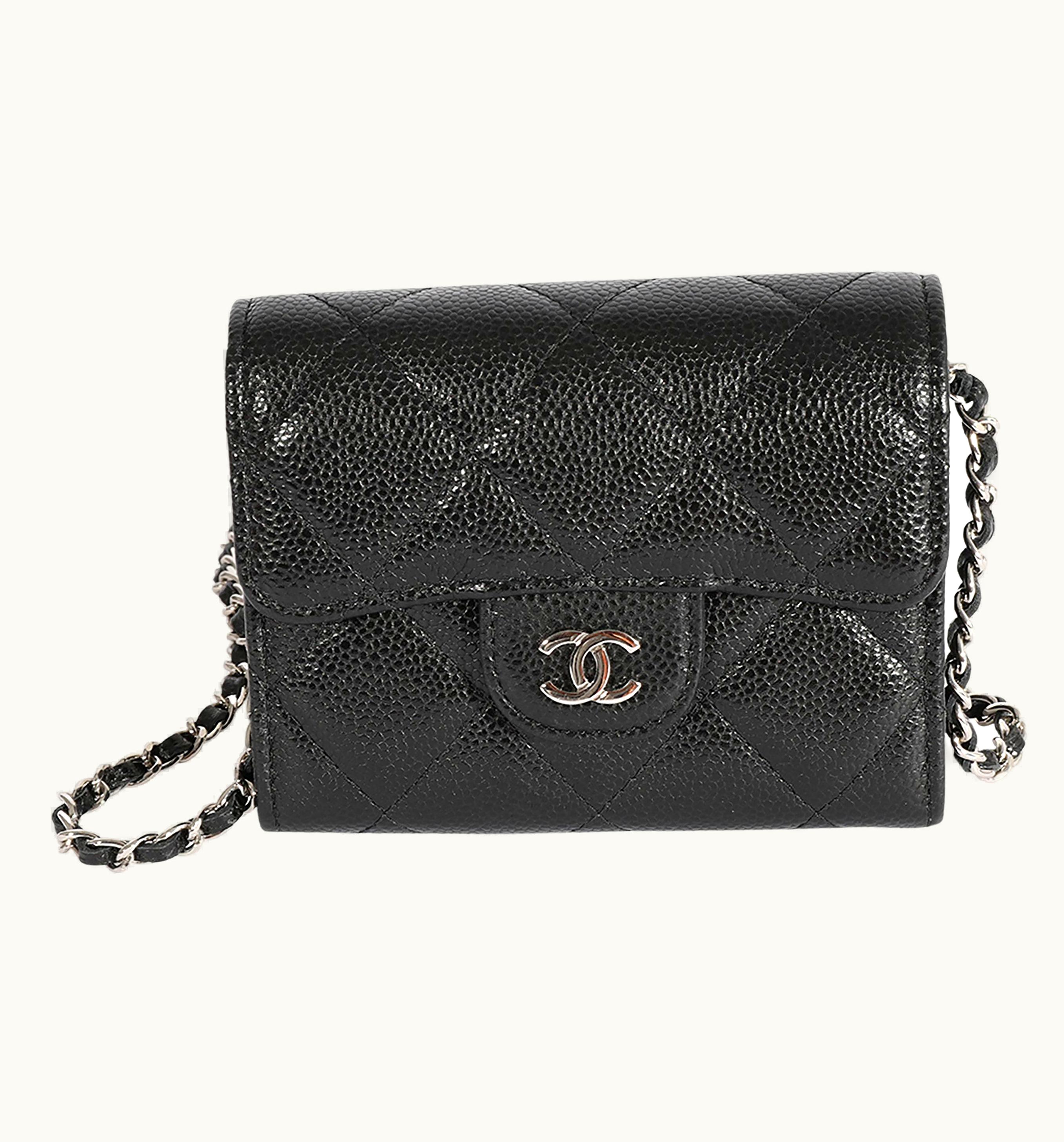 Chanel Chanel Black Quilted Caviar Mini Flap Card Holder On Chain