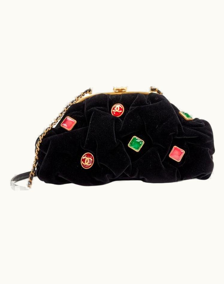 Chanel Chanel Black Velvet Green Red Gripoix Pouch Charm Gold Hardware Shoulder Clutch