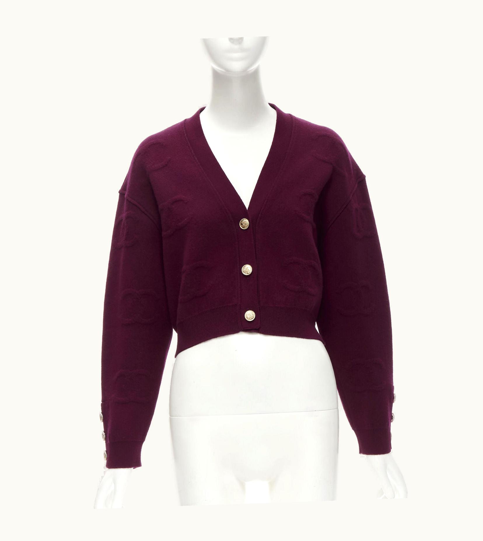Chanel Chanel 2021 Cashmere Dark Purple Cc Jacquard Gold Button Cardigan Jacket