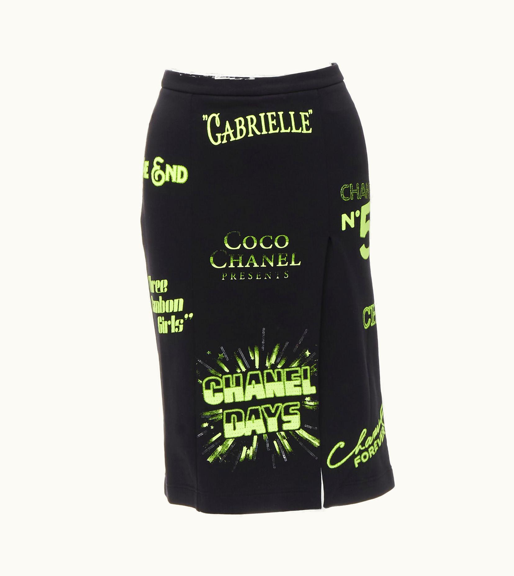 Chanel Rare Chanel 2021 Runway Black Neon Graphic Logo Slit Cotton Fleece Skirt