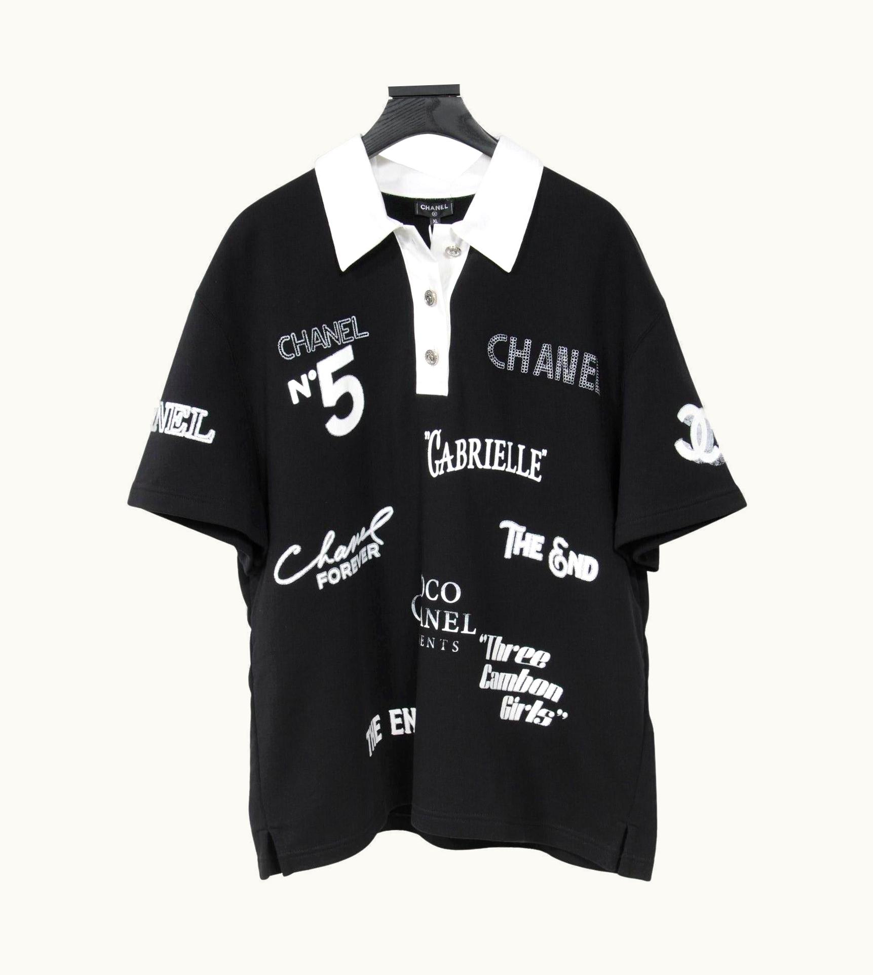 Chanel Chanel Unisex 21s Embroidered Cc Logo Print Polo Shirt Xl Black White Crystal