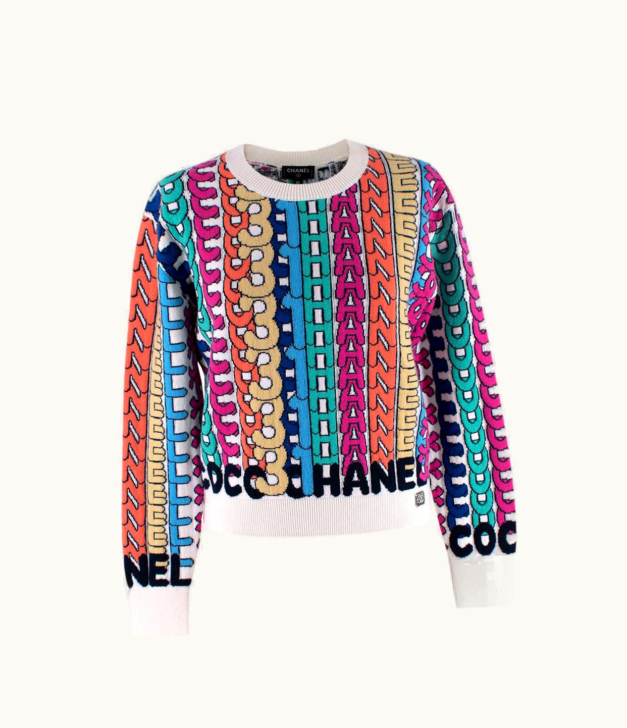 Chanel Chanel White Multicolour Cashmere Logo Intarsia Jumper - Us