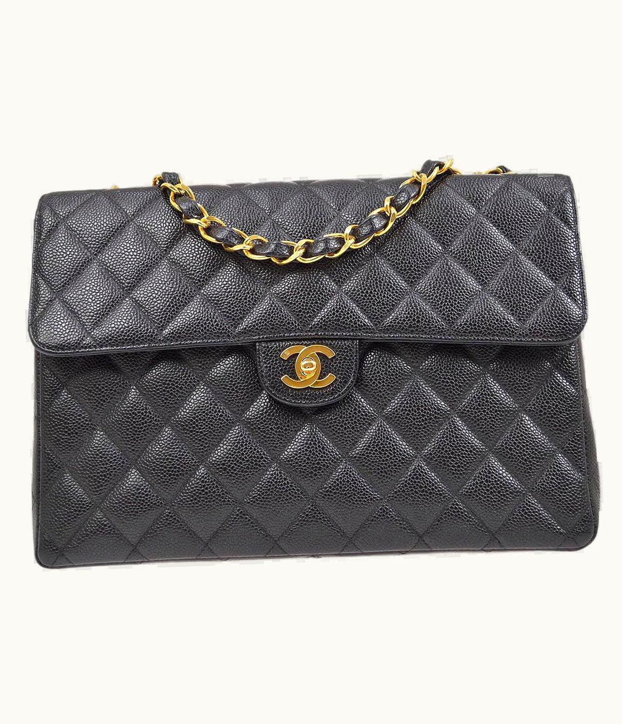 Chanel Chanel Black Caviar Leather Jumbo Gold Evening Shoulder Flap Bag