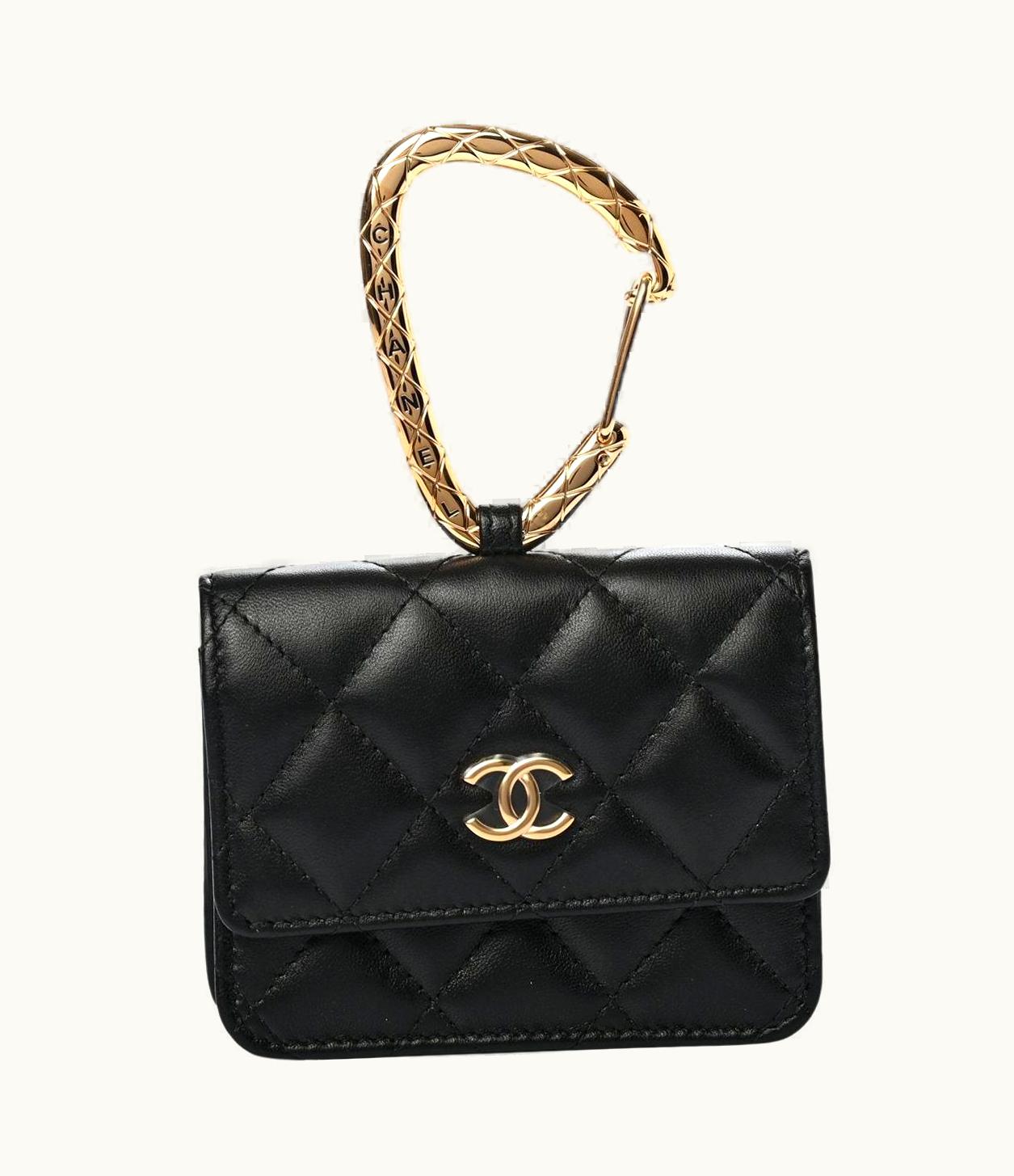 Chanel Chanel Black Lambskin Leather Card Holder Mini Jewel Hook Handle Wristlet