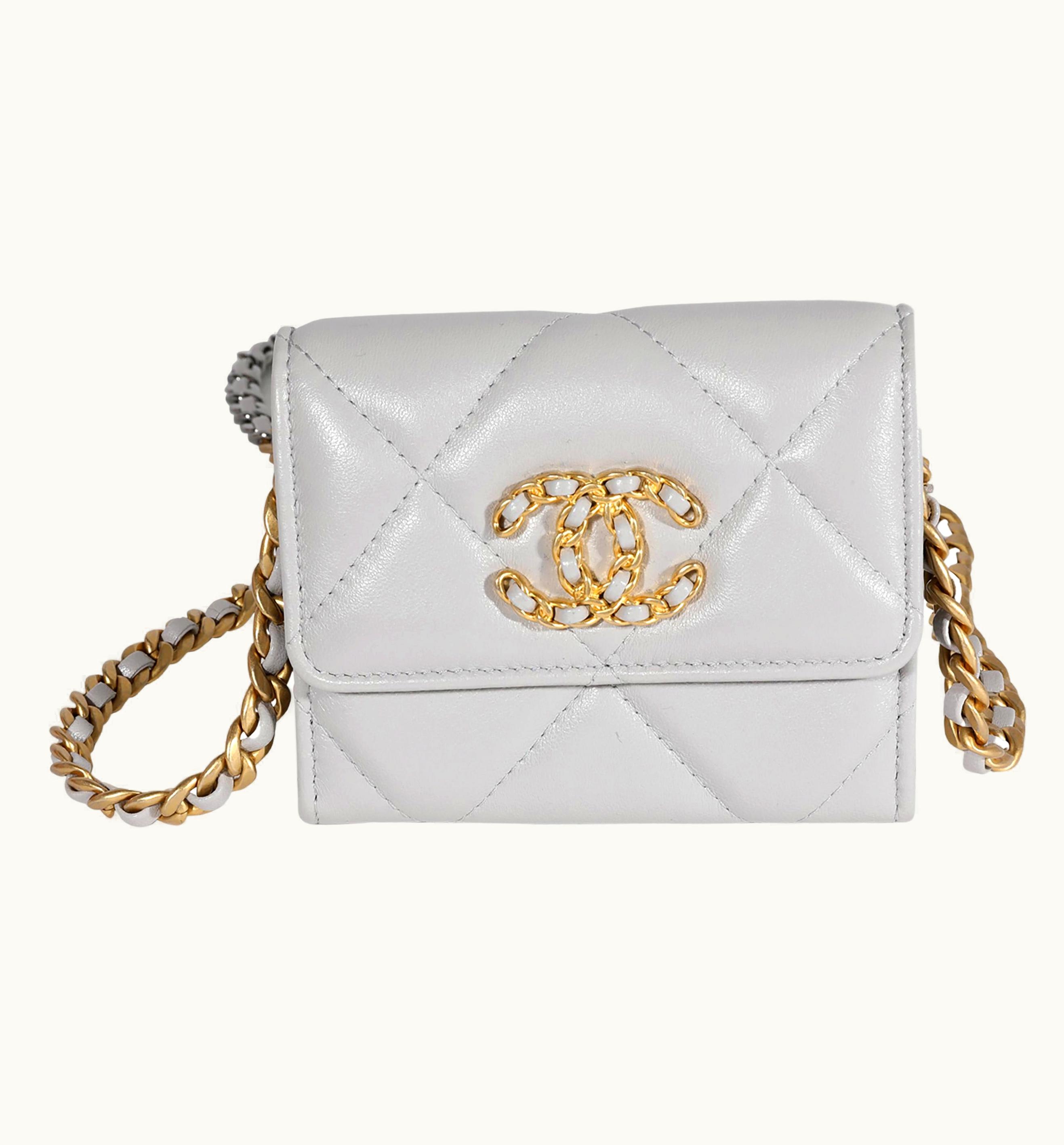 Chanel Chanel Gray Quilted Lambskin Chanel 19 Flap Coin Purse With Chain