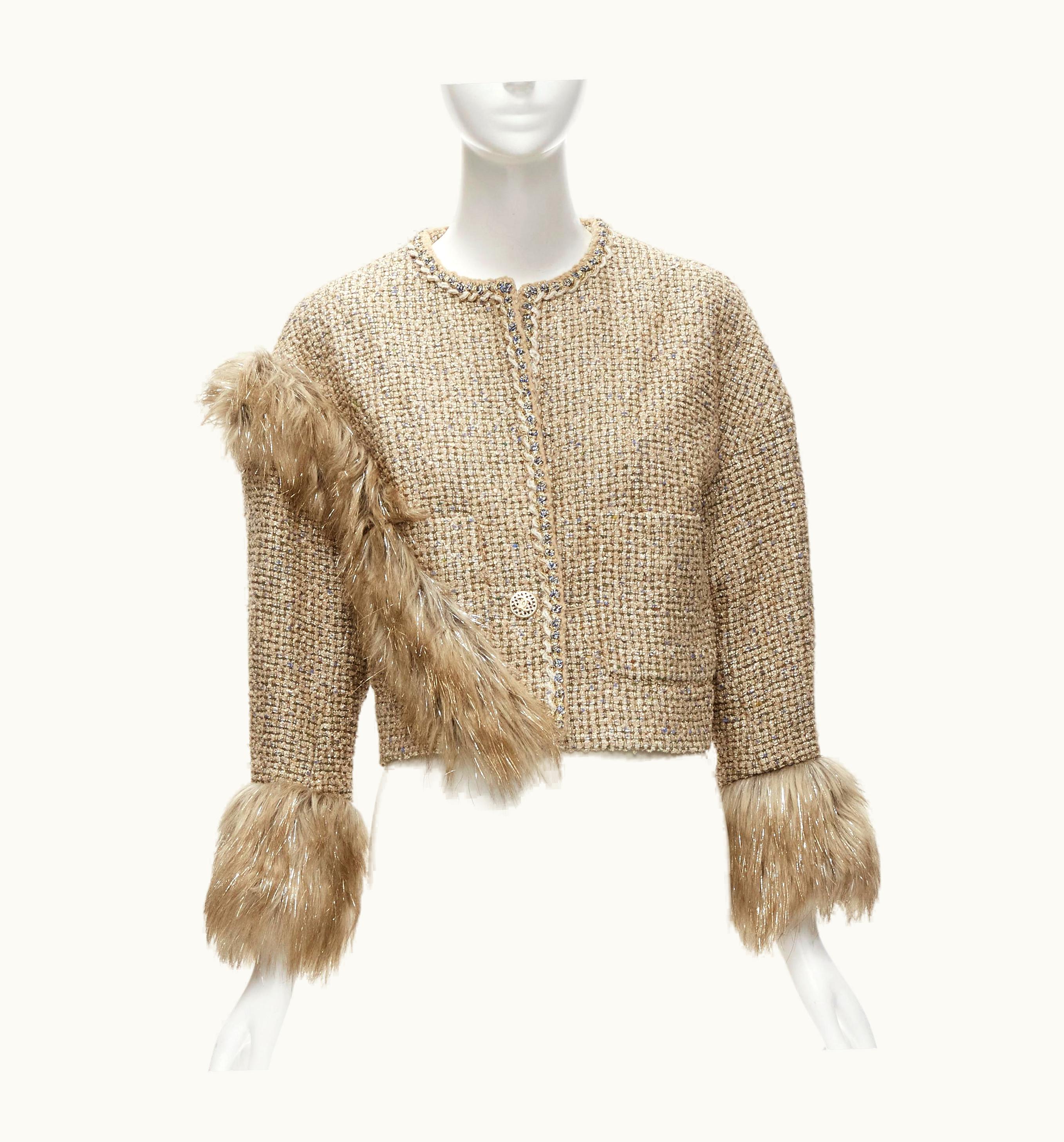 Chanel Chanel 2021 Runway Metallic Gold Tweed Faux Fur Trim Cropped Jacket