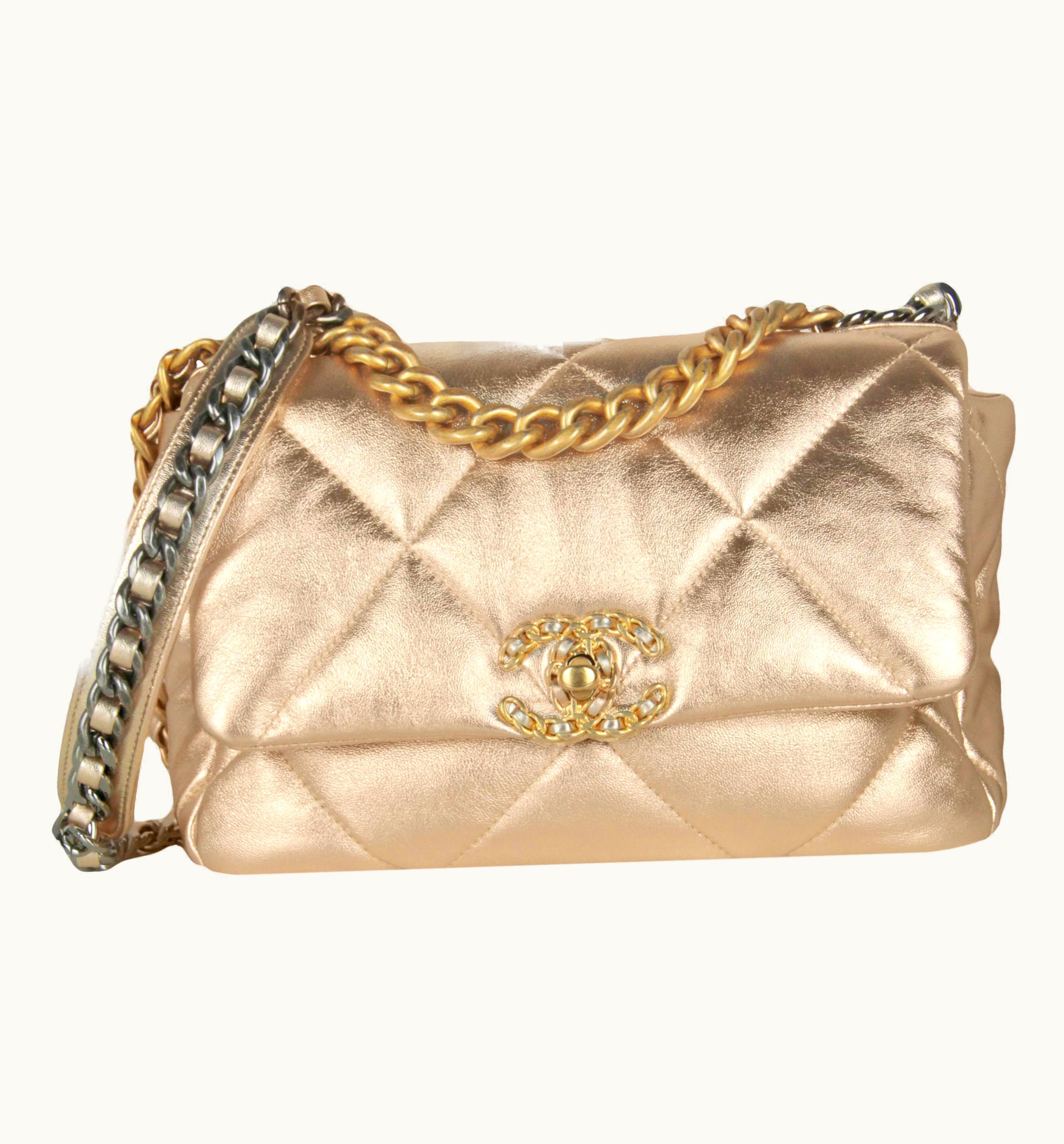 Chanel Chanel 2021 Gold Metallic Lambskin Leather Quilted Medium 19 Bag