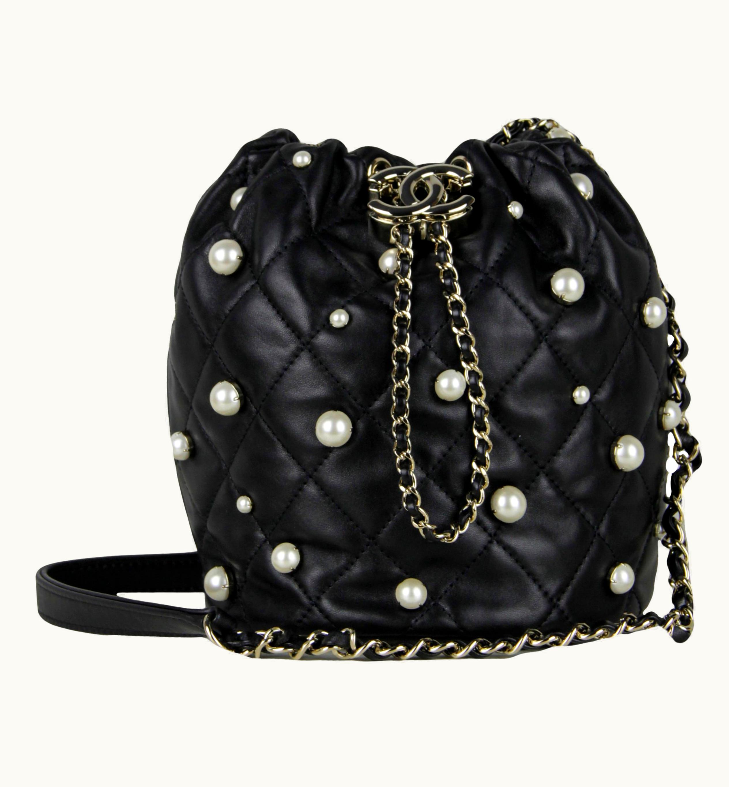 Chanel Chanel 2021 Black Quilted Lambskin Leather Pearl Drawstring Bucket Bag