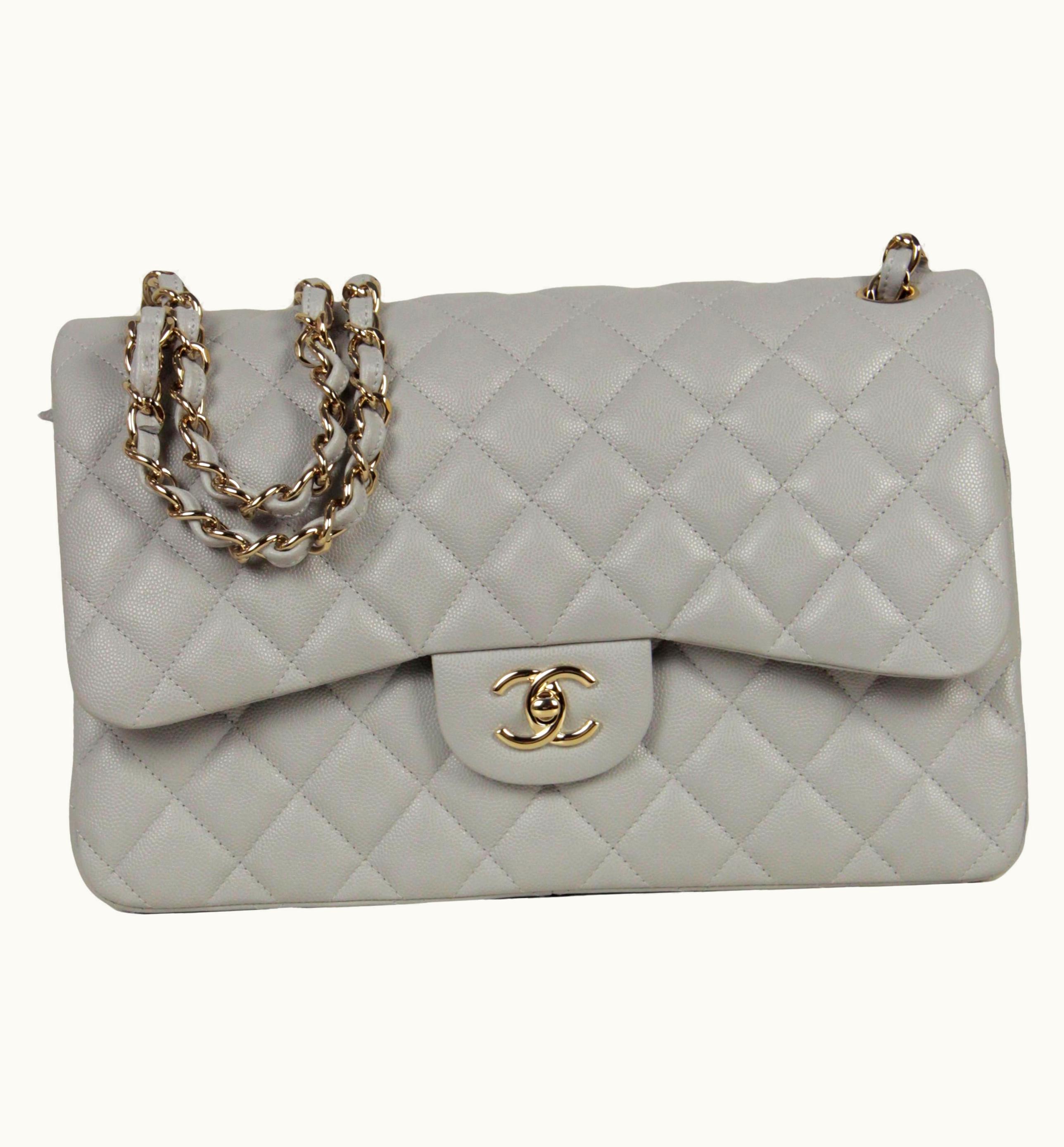 Chanel Chanel 2021 Grey Caviar Leather Quilted Classic Double Flap Jumbo Bag
