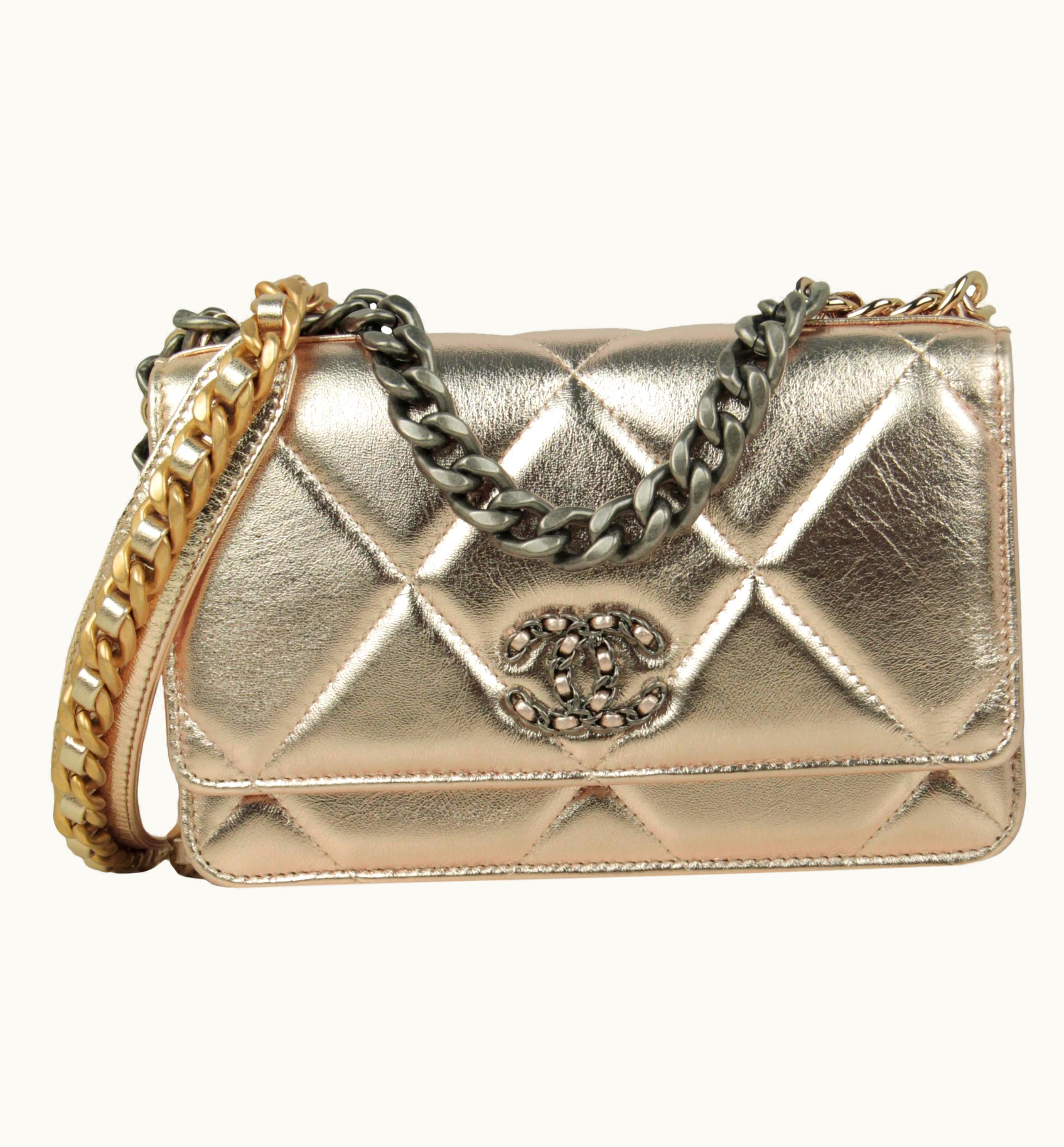 Chanel Chanel 2022 Gold Leather Quilted 19 Wallet On Chain Woc Crossbody Bag