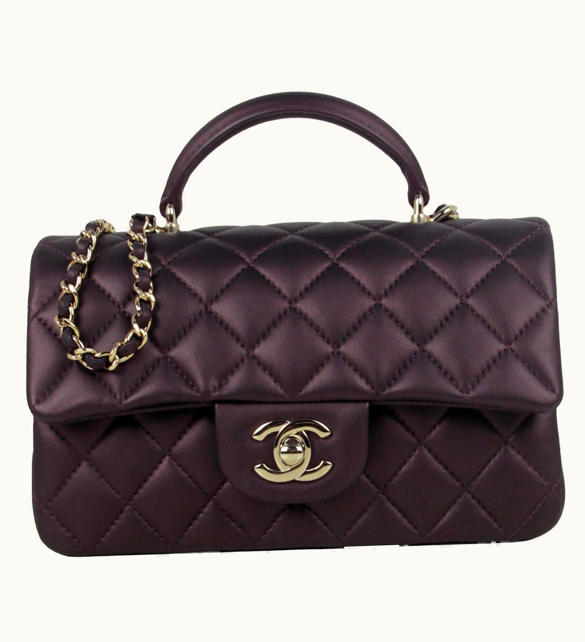 Chanel Chanel Iridescent Burgundy Lambskin Quilted Mini Top Handle Rectangular Flap Bag