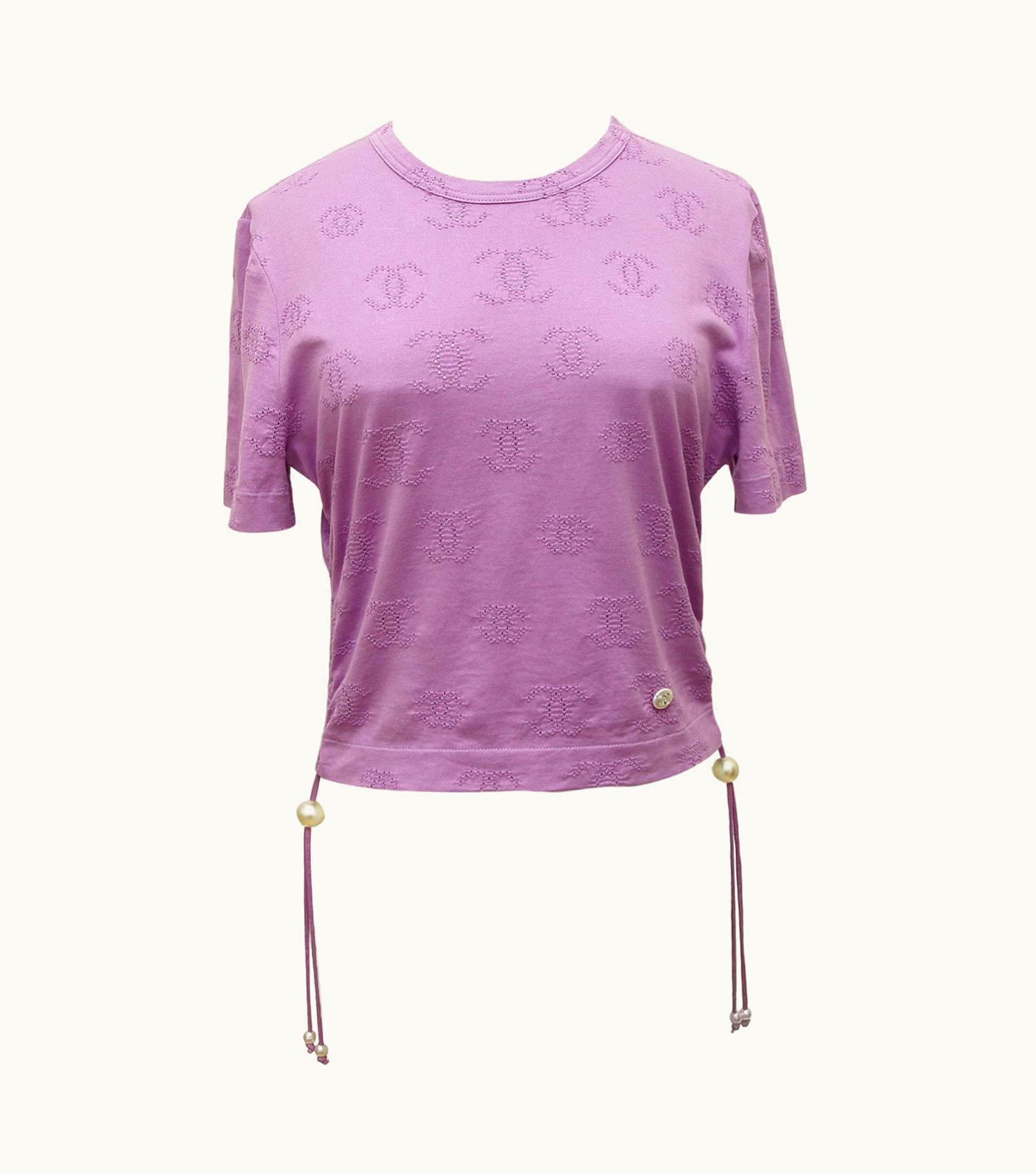 Chanel Chanel Purple T-Shirt Top Cc Logo Faux Pearls Ruching Crew Neck