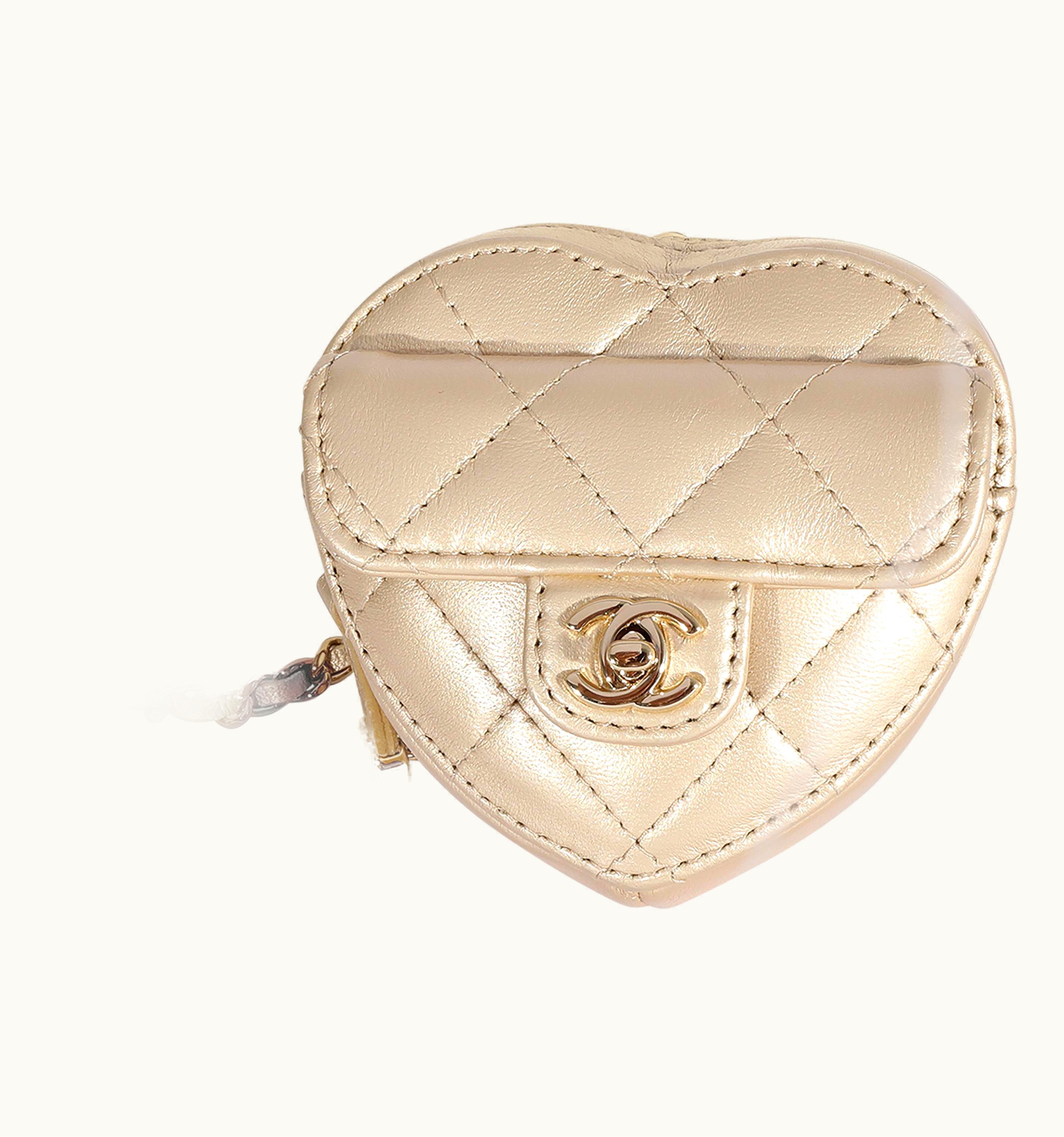 Chanel Chanel Metallic Gold Quilted Lambskin Heart Coin Purse Necklace
