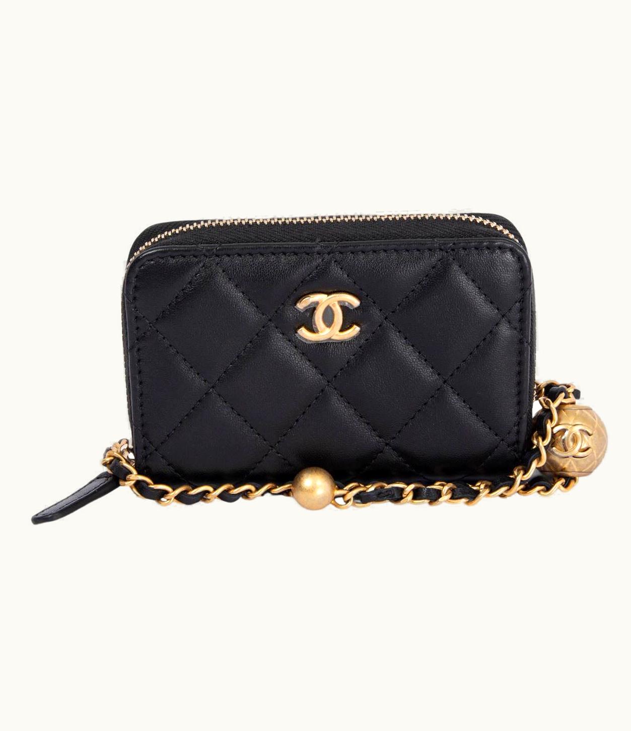 Chanel Chanel Black Leather 2022 22c Pearl Crush Credit Card Crossbody Wallet