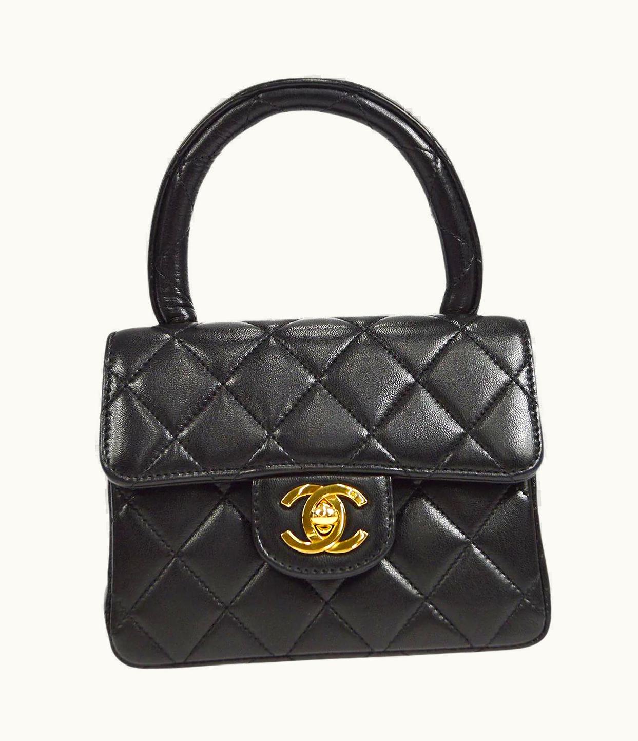 Chanel Chanel Black Lambskin Leather Gold Small Micro Mini Kelly Top Handle Evening Bag