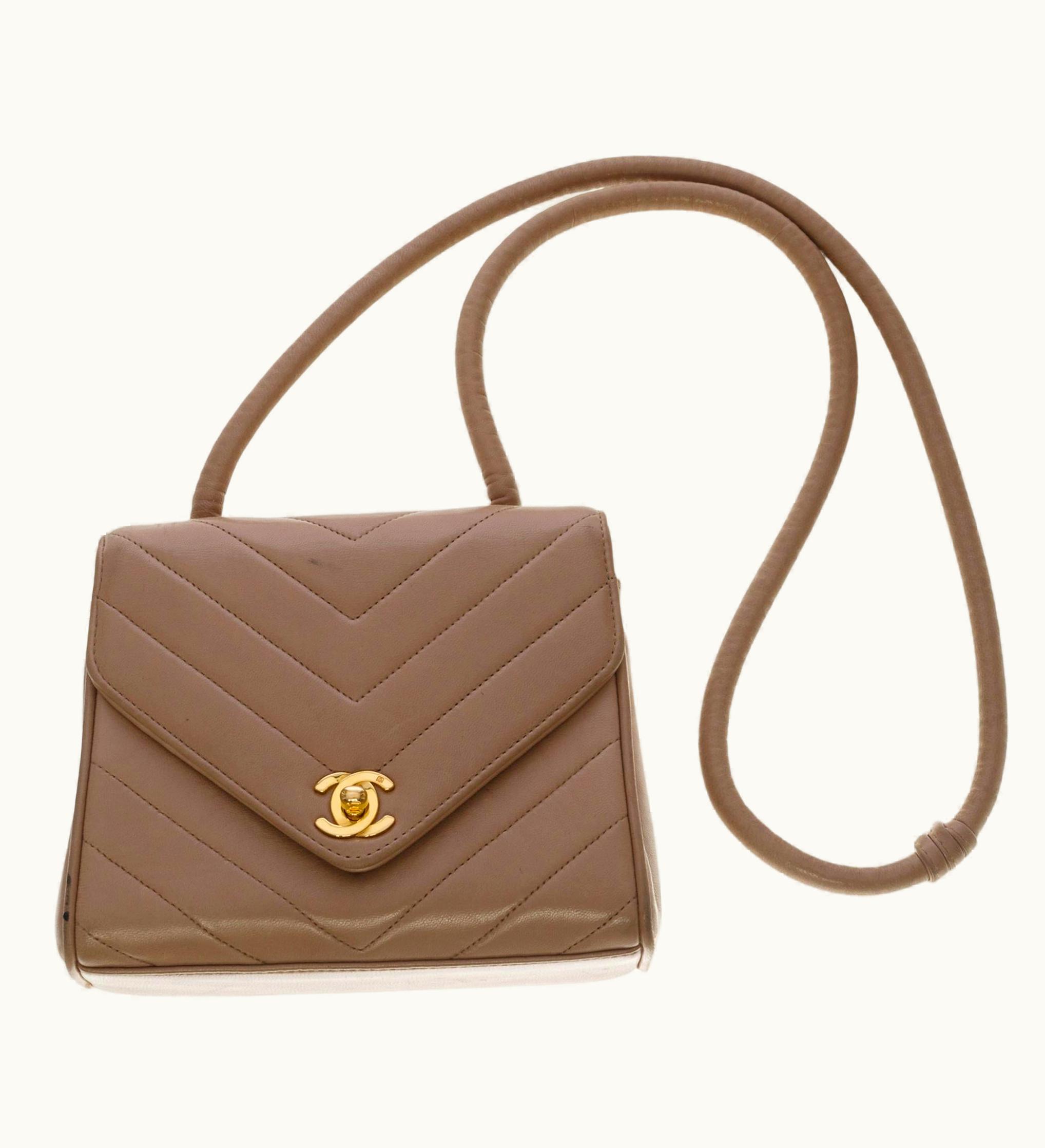 Chanel Rare Chanel Mini Flap Bag With Herringbone Pattern In Taupe Lambskin Leather, Ghw UZ0595661