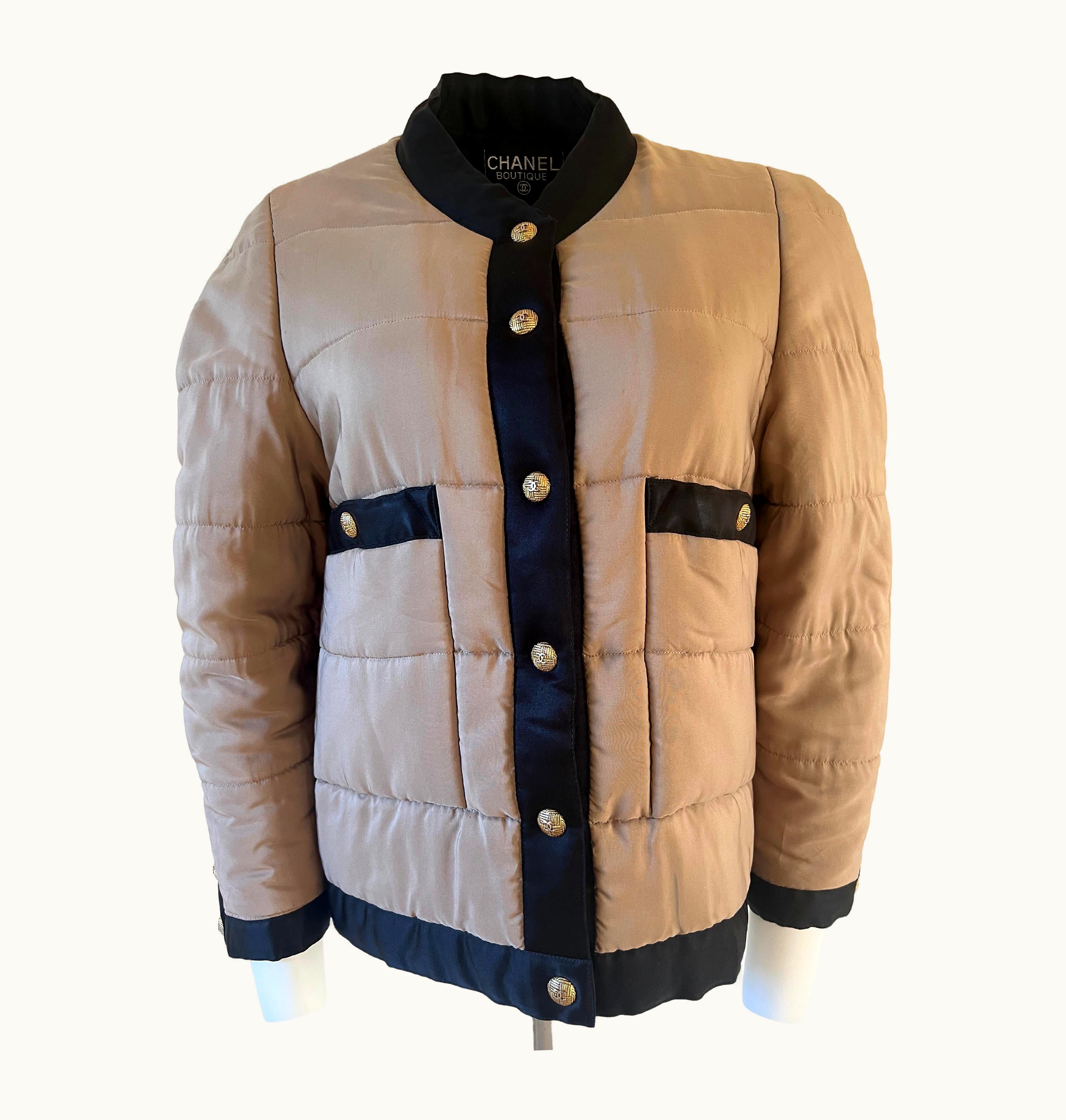Chanel Puffer Silk Black And Beige Jacket Iconic Vintage 1990