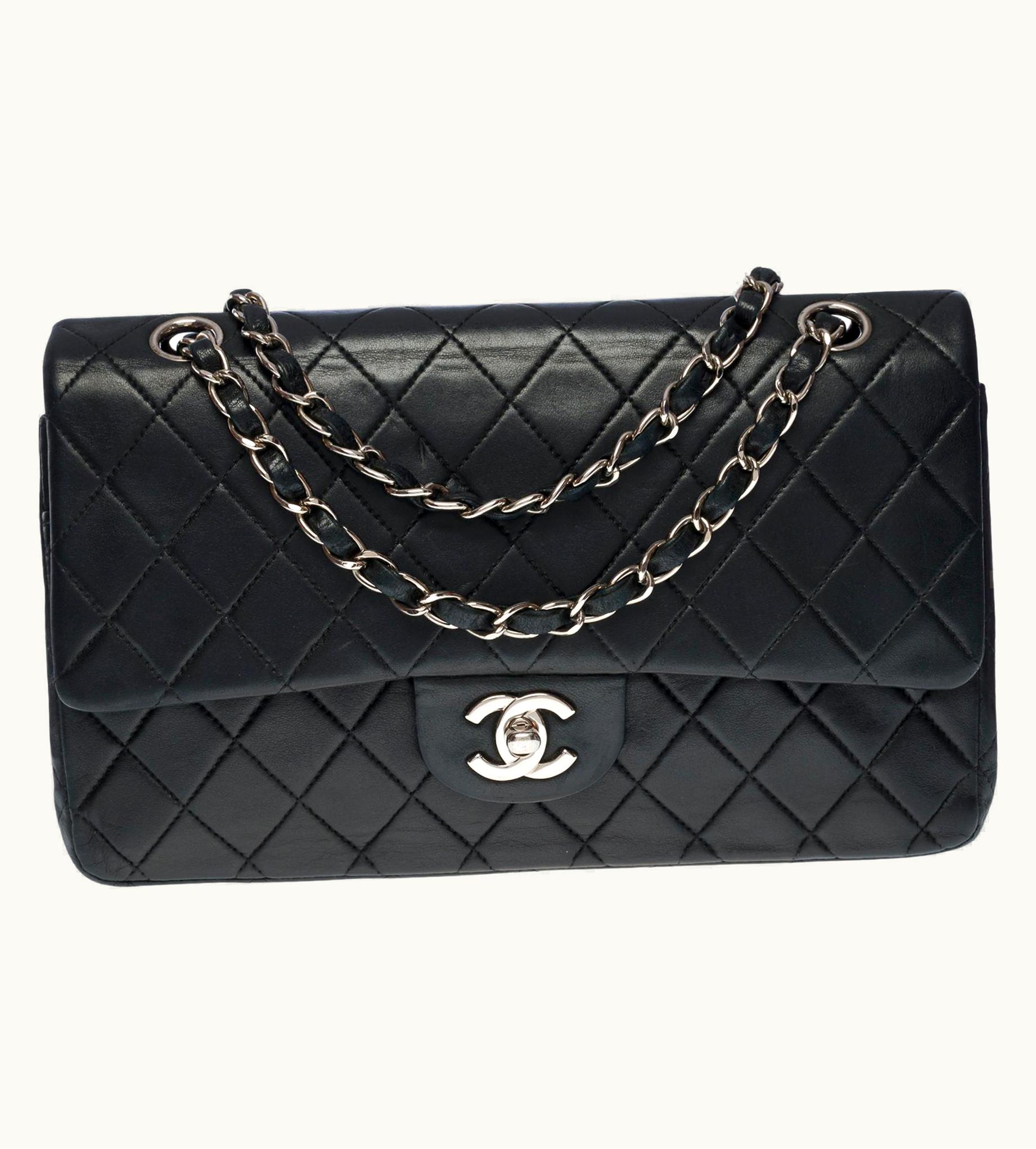 Chanel Chanel Timeless Medium 25cm Double Flap Shoulder Bag In Black Lambskin, Shw UZ0595683