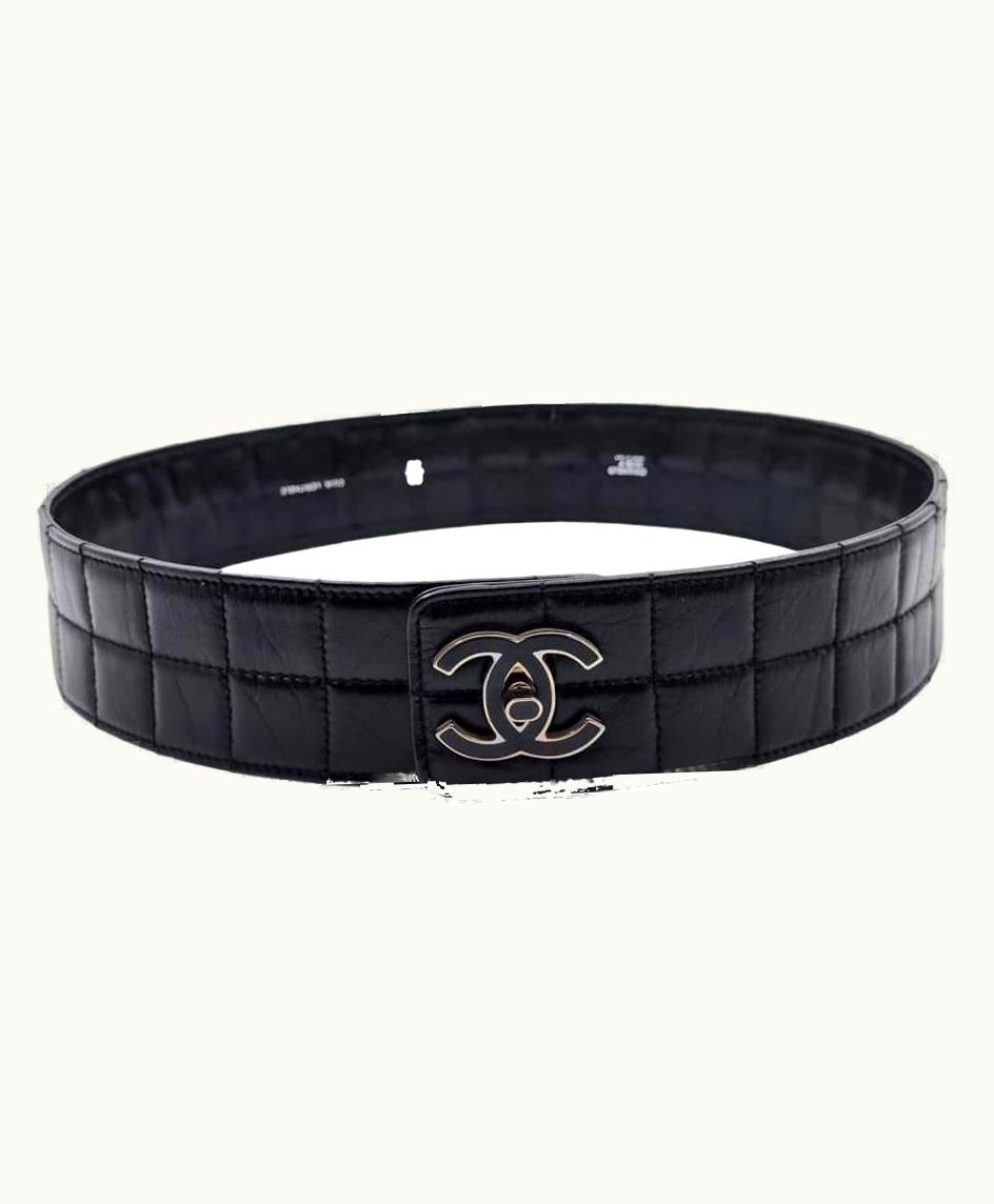 Chanel 2002 Vintage Chanel Chocolate Bar Turnlock Leather Belt Silver Hardware