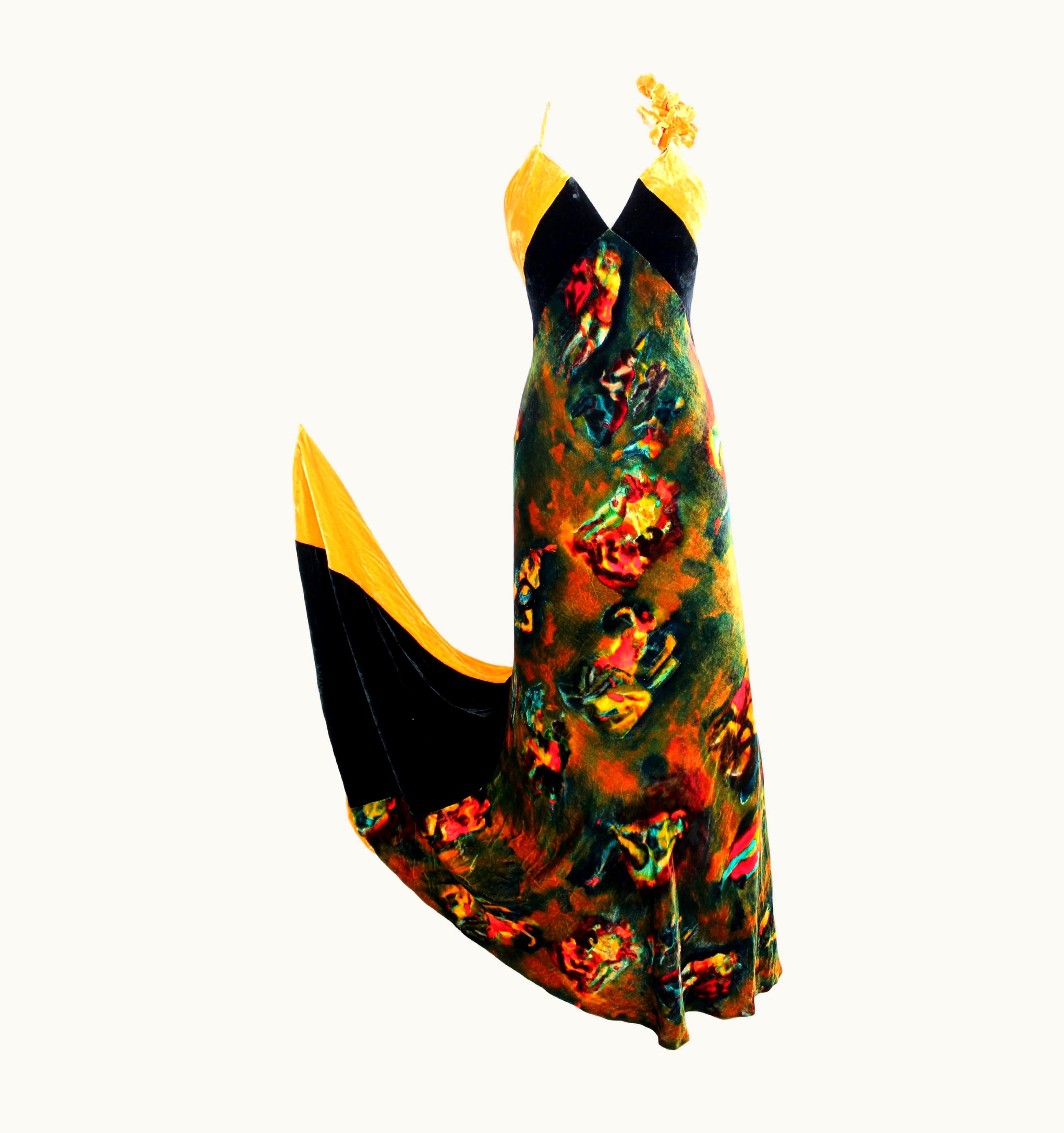 Jean-Paul Gaultier Jean Paul Gaultier Yellow Iridescent Silk Velvet Long Evening Dress 2000s Nwt