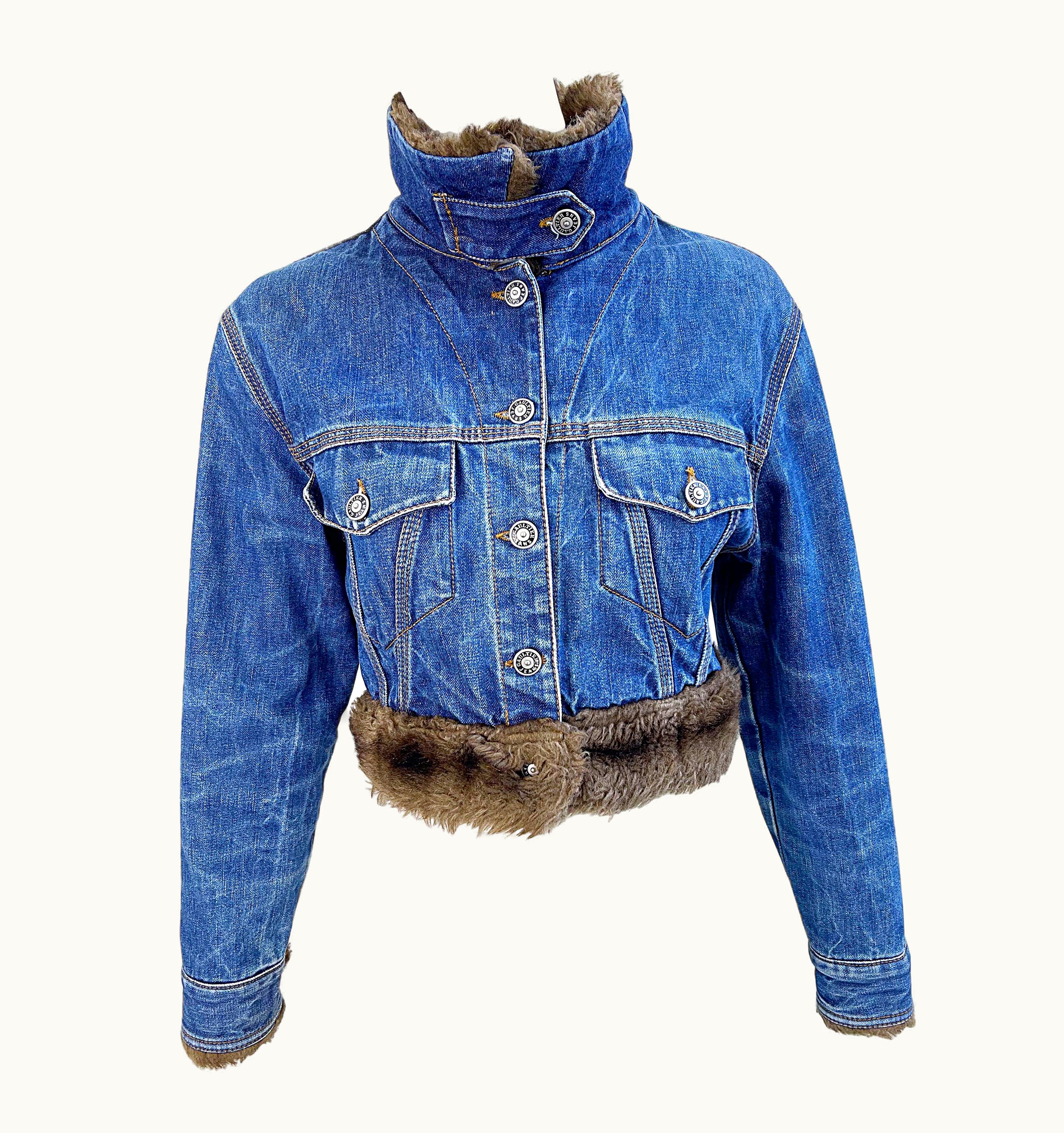 Jean-Paul Gaultier 1990s Jean Paul Gaultier Faux Fur Denim Aviator Bomber Vintage 90s Crop Jacket