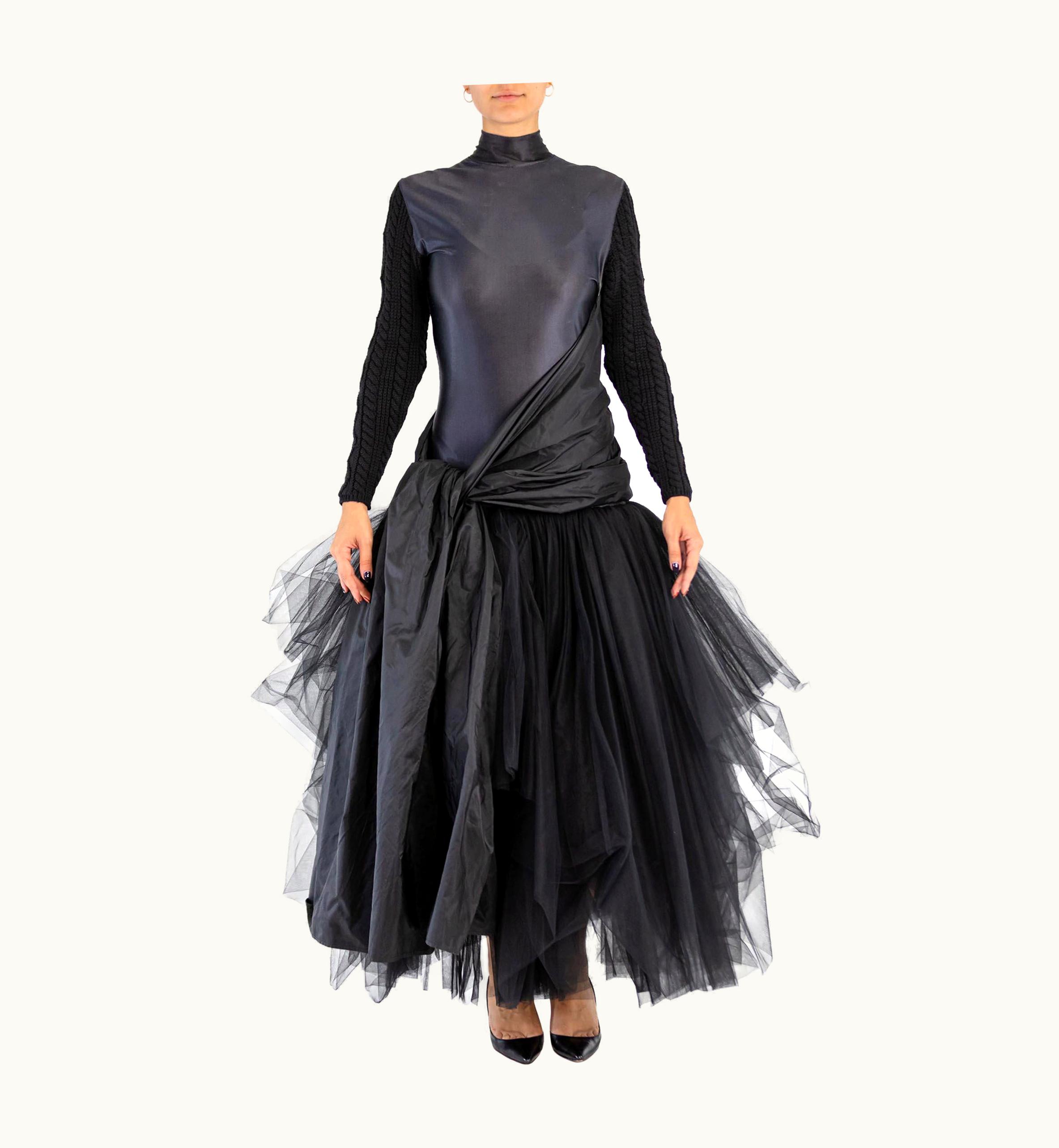 Jean-Paul Gaultier 2000s Jean Paul Gaultier Black Silk Knit Sleeves & Tulle Skirt Gown