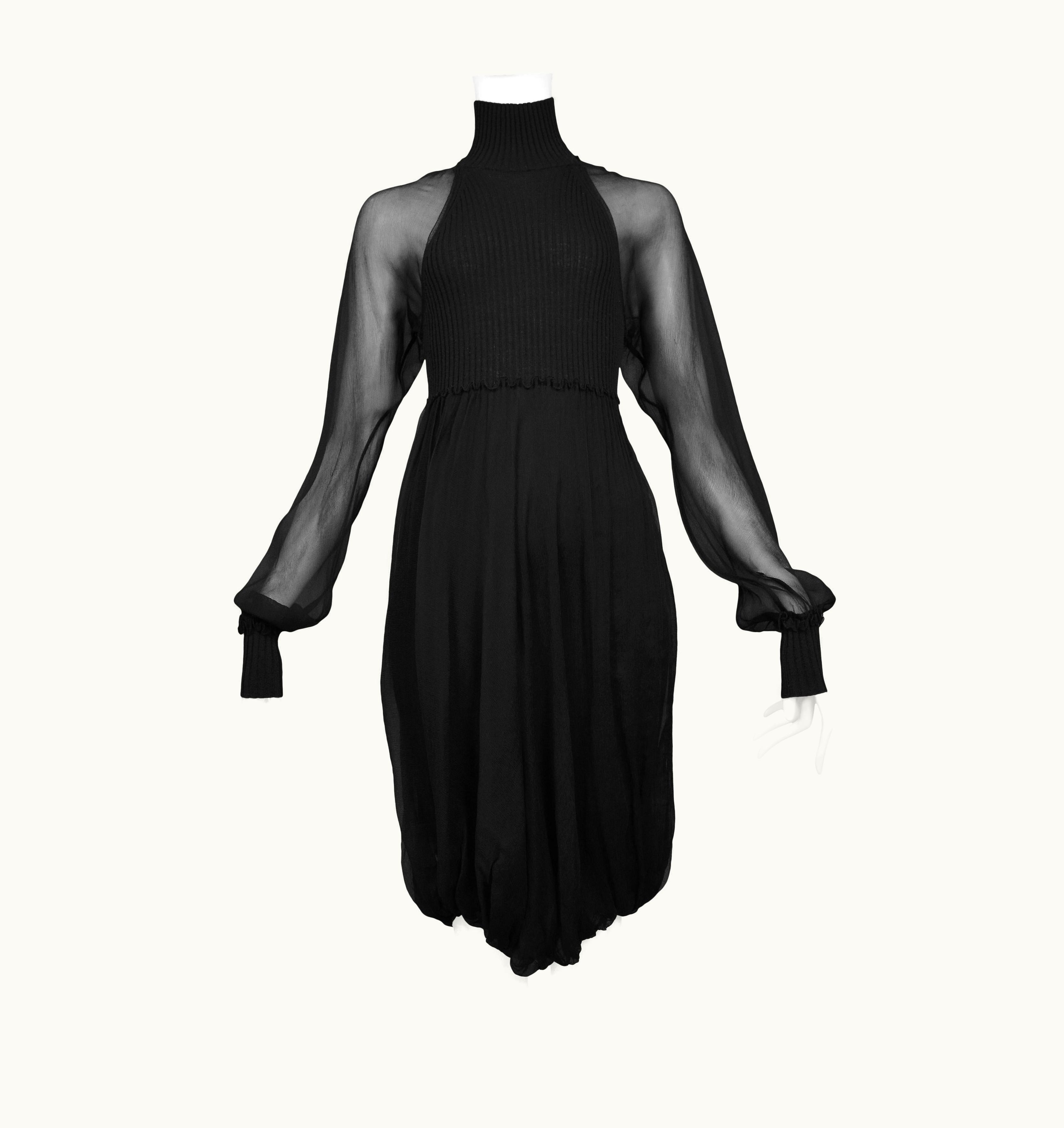 Jean-Paul Gaultier Jean Paul Gaultier Black Knit Illusion Dress With Chiffon Overlay & Sleeves