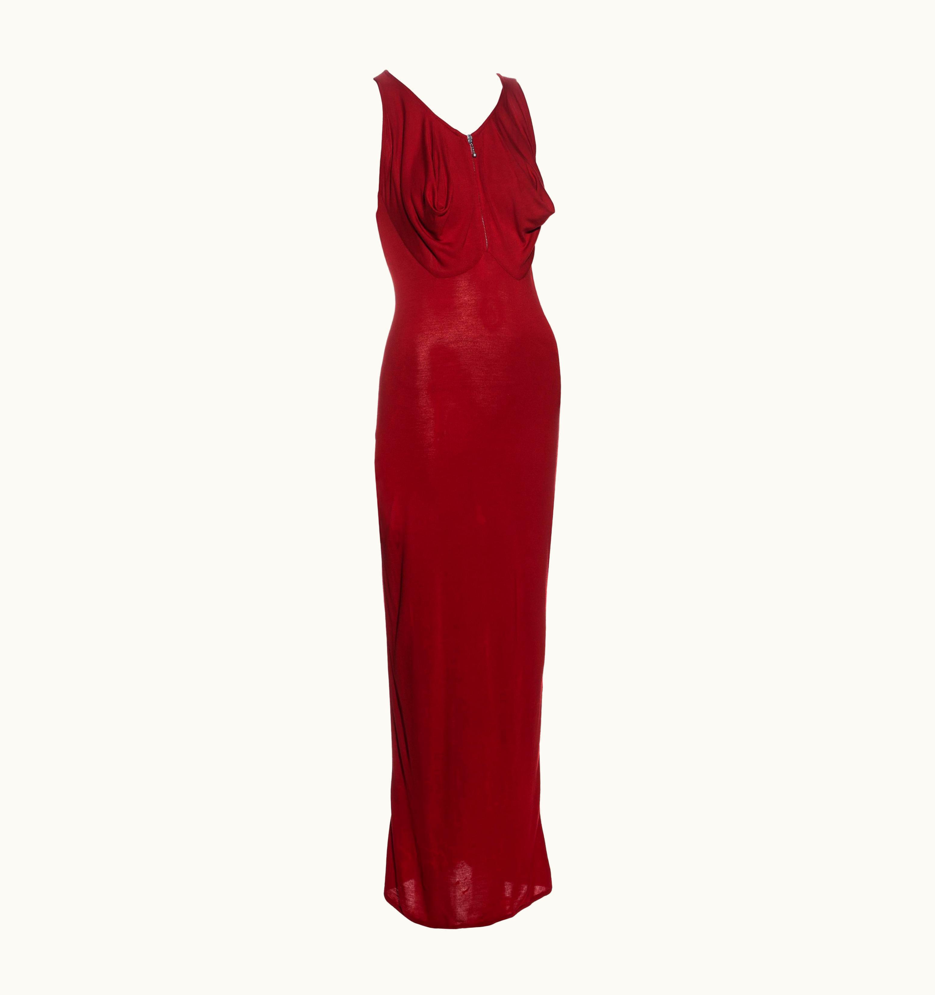 Jean-Paul Gaultier Jean Paul Gaultier Red Jersey Cone Breast Maxi Dress, AW 1985