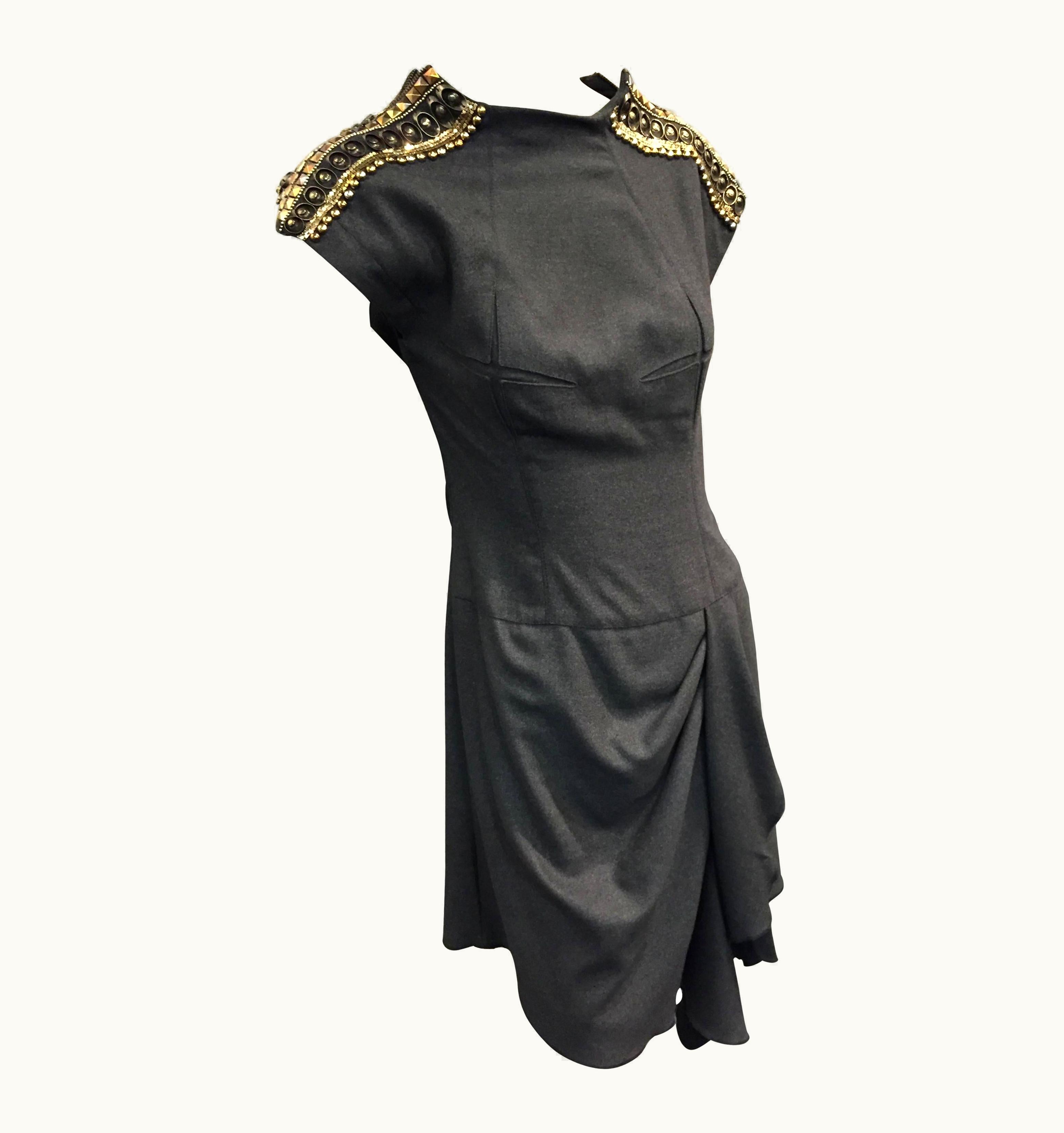 Jean-Paul Gaultier Jean Paul Gaultier Gray Flannel Cocktail Dress WS/S Studded Zipper Shoulders