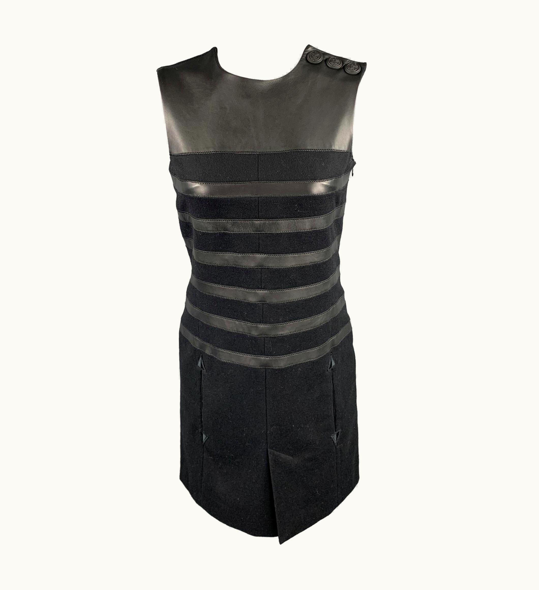 Jean-Paul Gaultier Gaultier 2 Black Virgin Wool Leather Trim Shift Dress