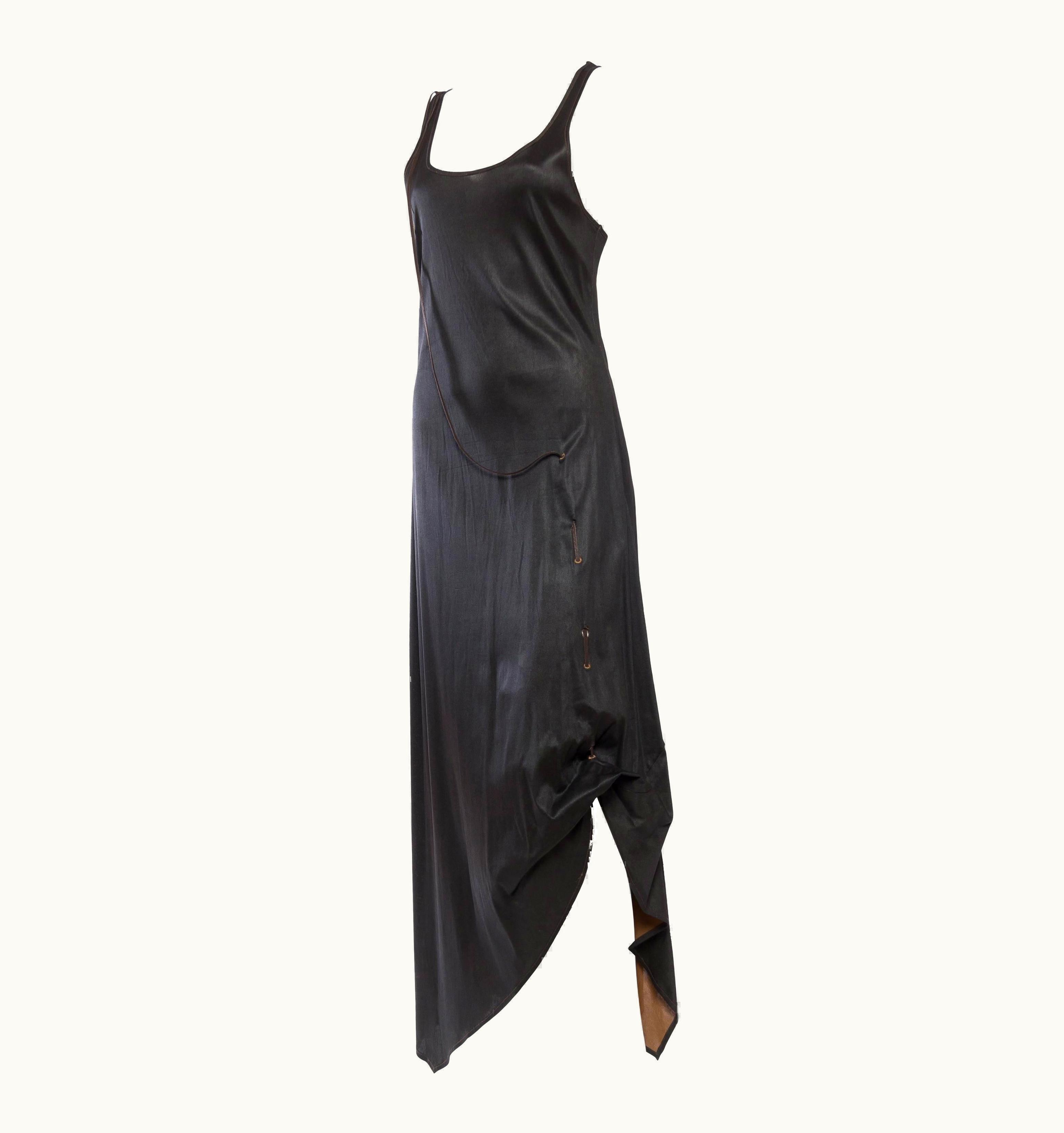 Jean-Paul Gaultier 1990s Jean Paul Gaultier Brown Waxed Polyester Jersey Asymmetrical Tank Dress W