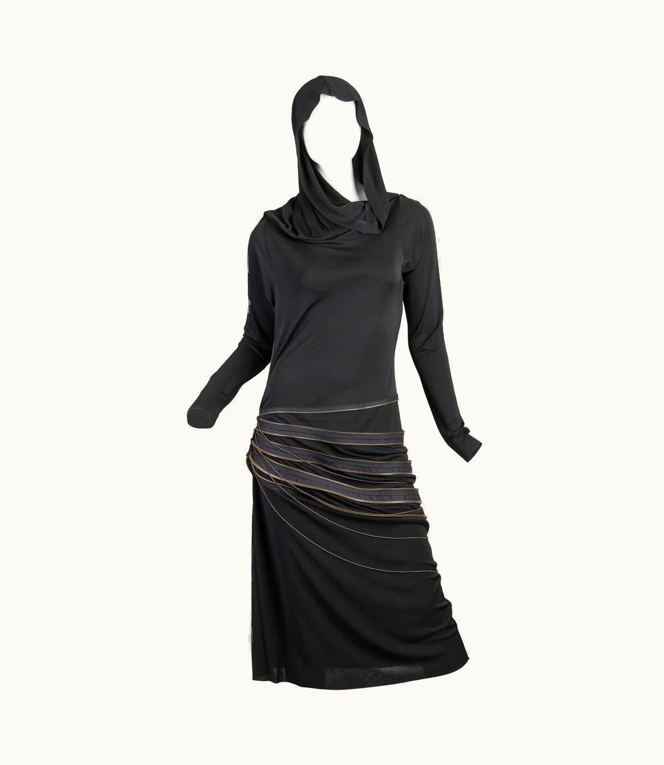 Jean-Paul Gaultier 1990s Jean Paul Gaultier Black Jersey Dress With Hood & Adjustable Brass Zippers