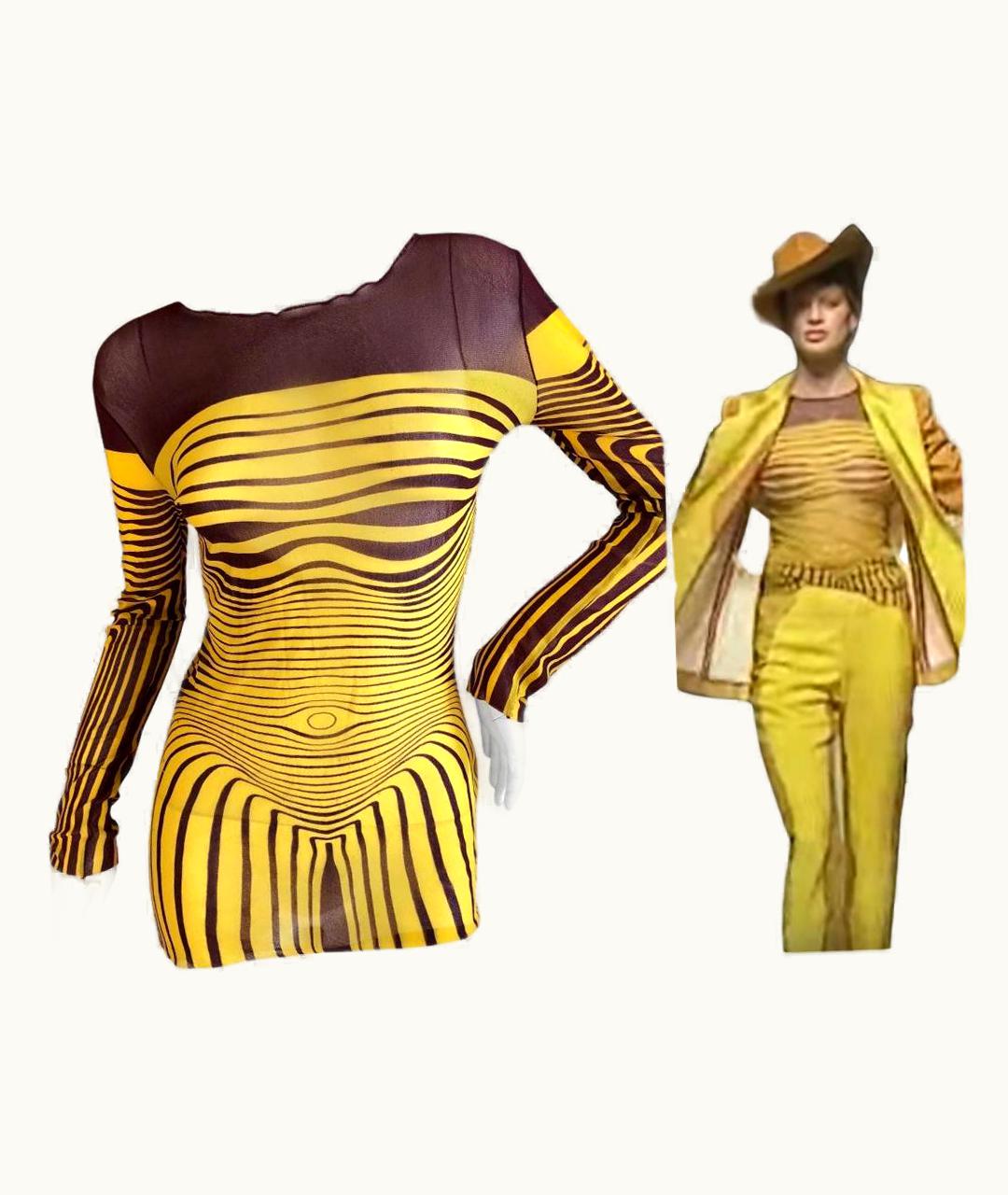 Jean-Paul Gaultier Jean Paul Gaultier Kim Kardashian Mesh Optical Illusion Striped Nude Body Top