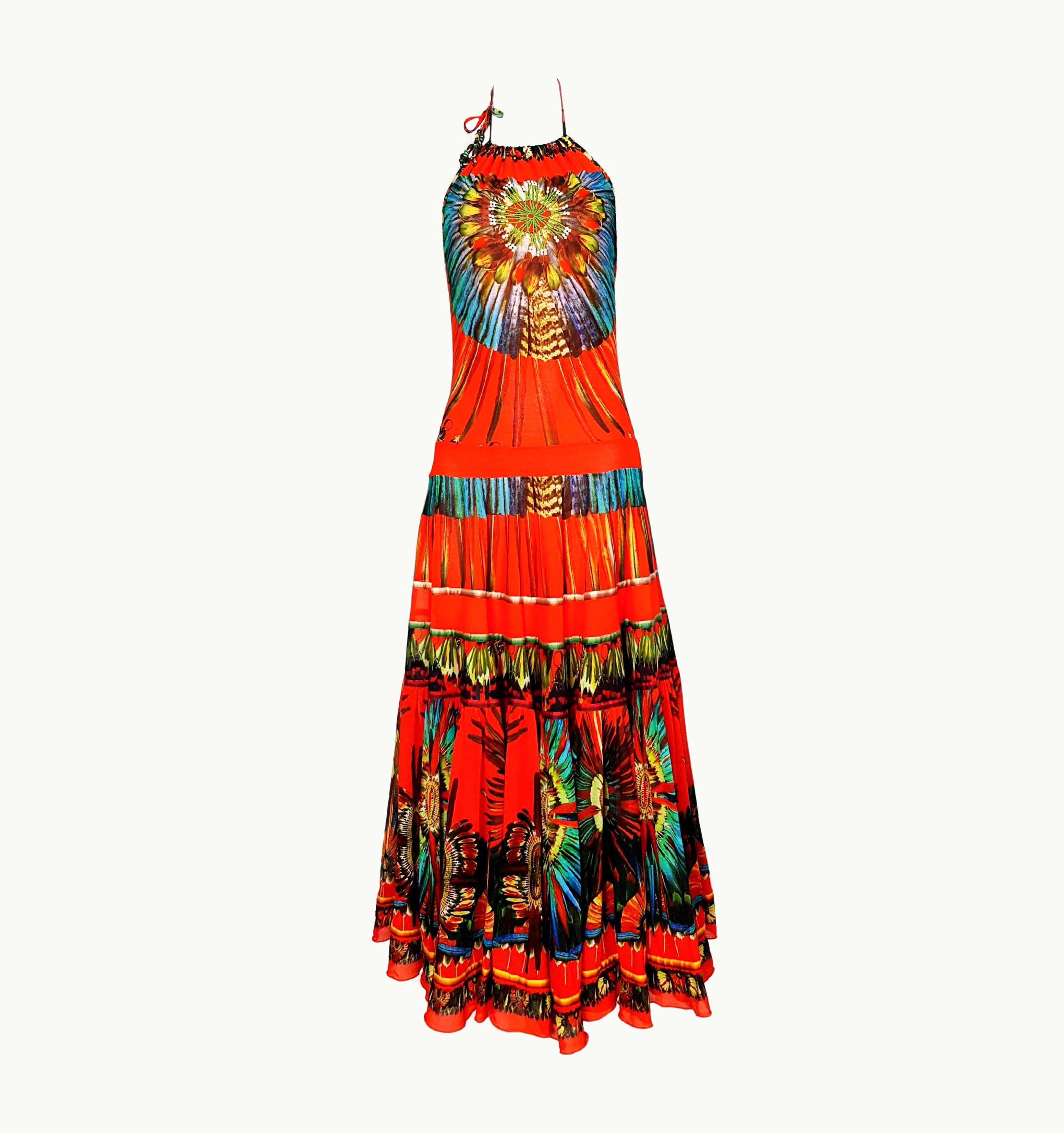 Jean-Paul Gaultier Jean Paul Gaultier Exotic Feather Print Mesh Maxi Dress, C 1990