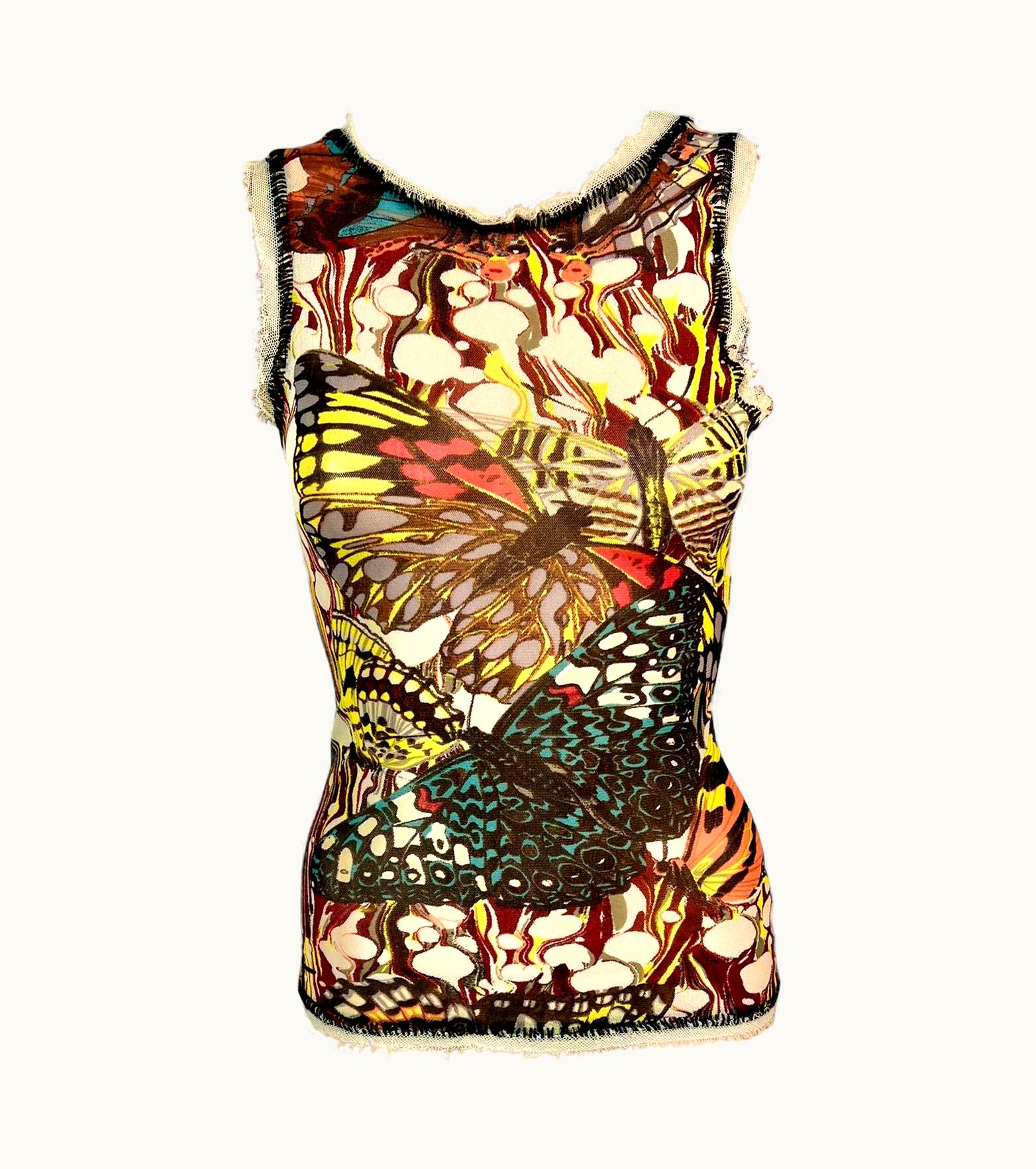 Jean-Paul Gaultier Jean Paul Gaultier S/S 2003 Butterfly Print Semi-Sheer Mesh Top UZ0596376