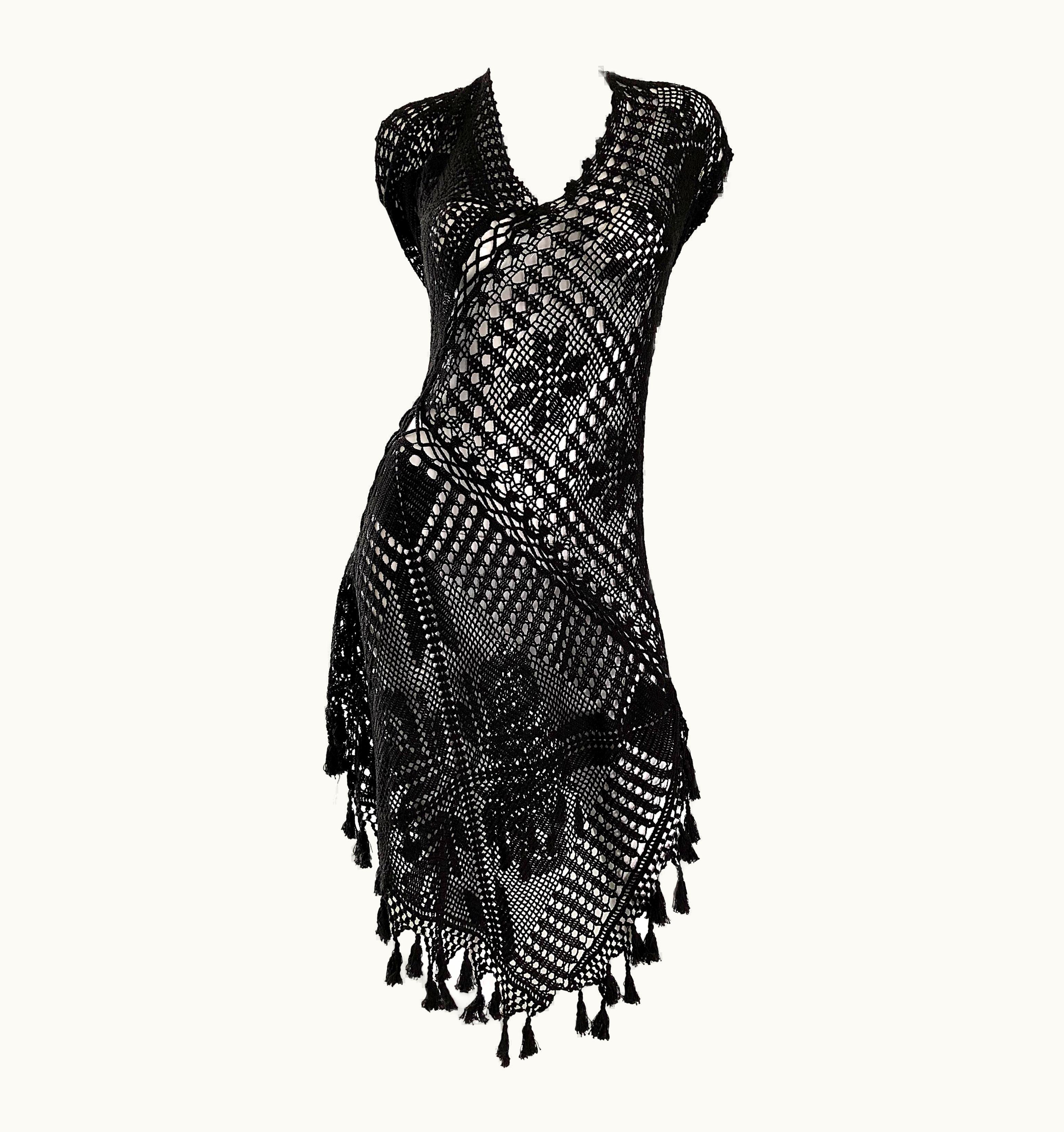 Jean-Paul Gaultier 1990s Jean Paul Gaultier Vintage Black Hand Crochet Poncho Tunic Halter Dress
