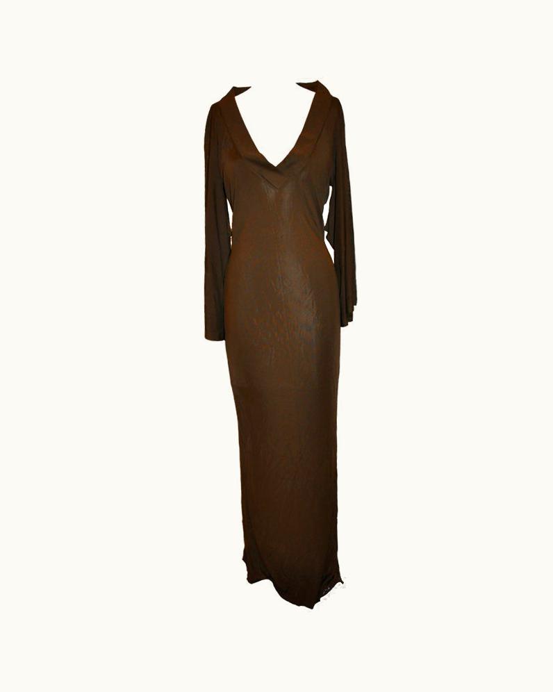 Jean-Paul Gaultier Jean Paul Gaultier Coco-Brown Dramatic Deep-V Front Draped Maxi-Dress