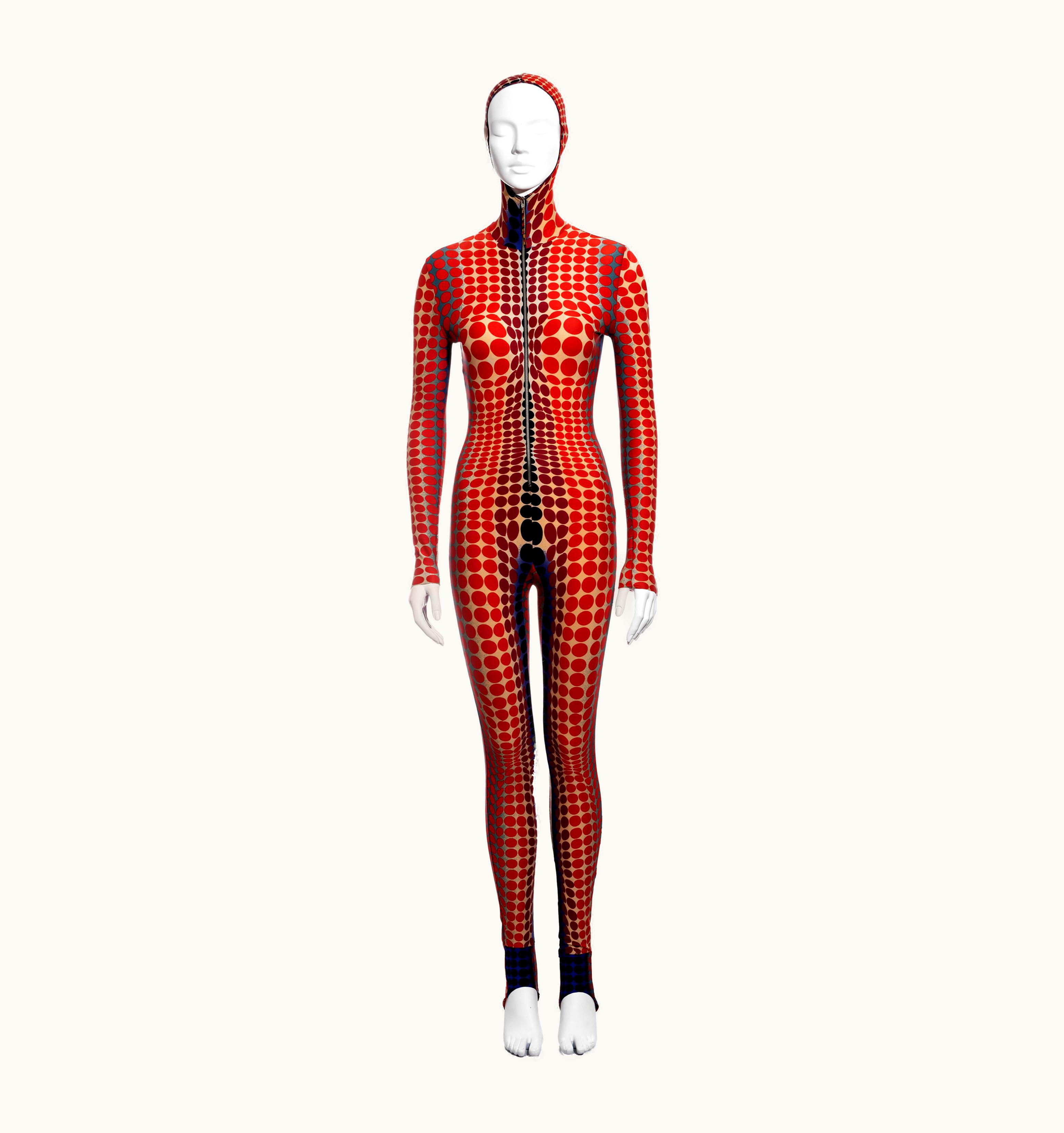 Jean-Paul Gaultier Jean Paul Gaultier Red Cyber Dot Printed Lycra Hooded Catsuit, AW 1995