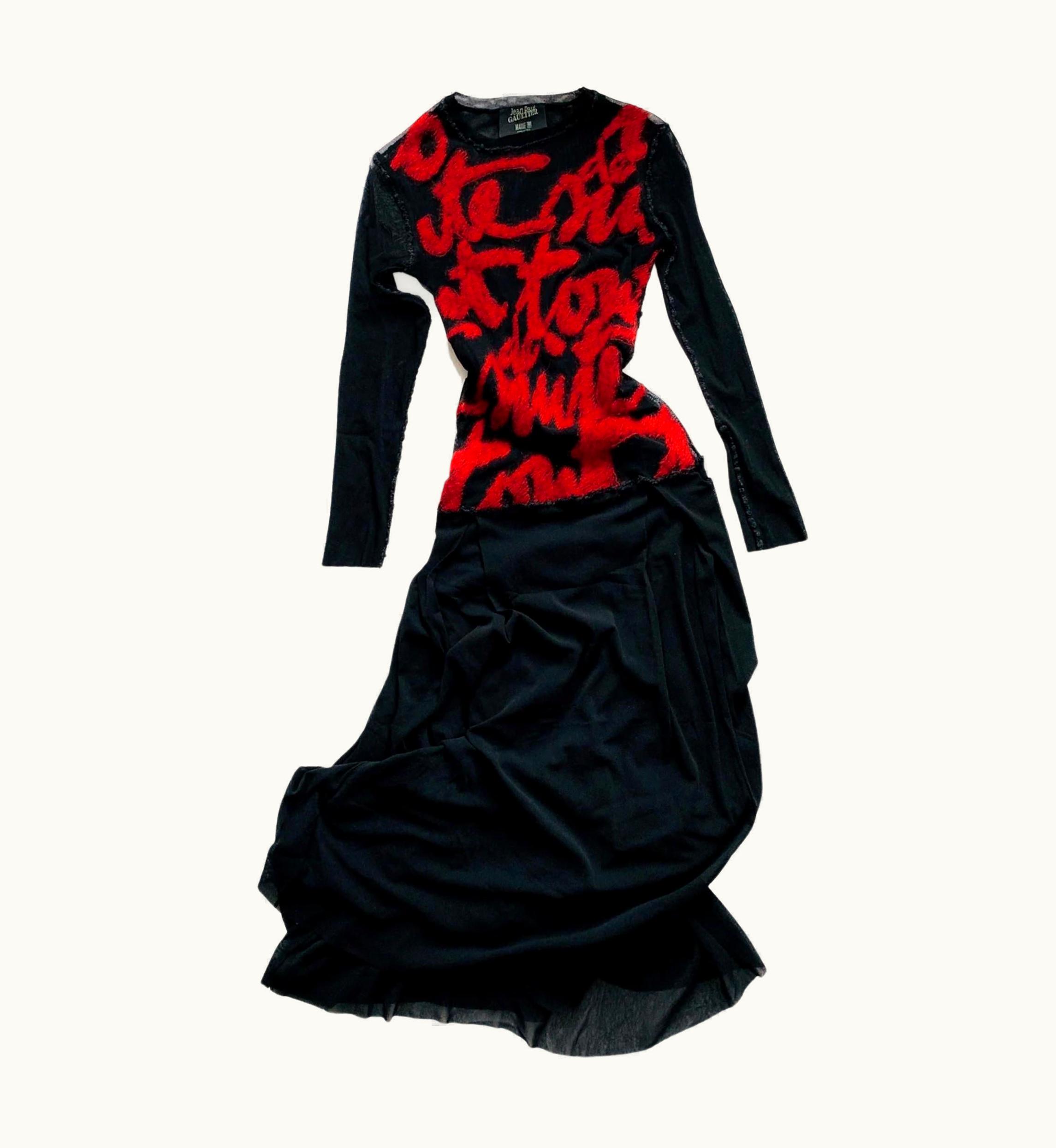 Jean-Paul Gaultier Jean Paul Gaultier Dress Mesh Black Sheer Red Writing Calligraphy 90s Vintage