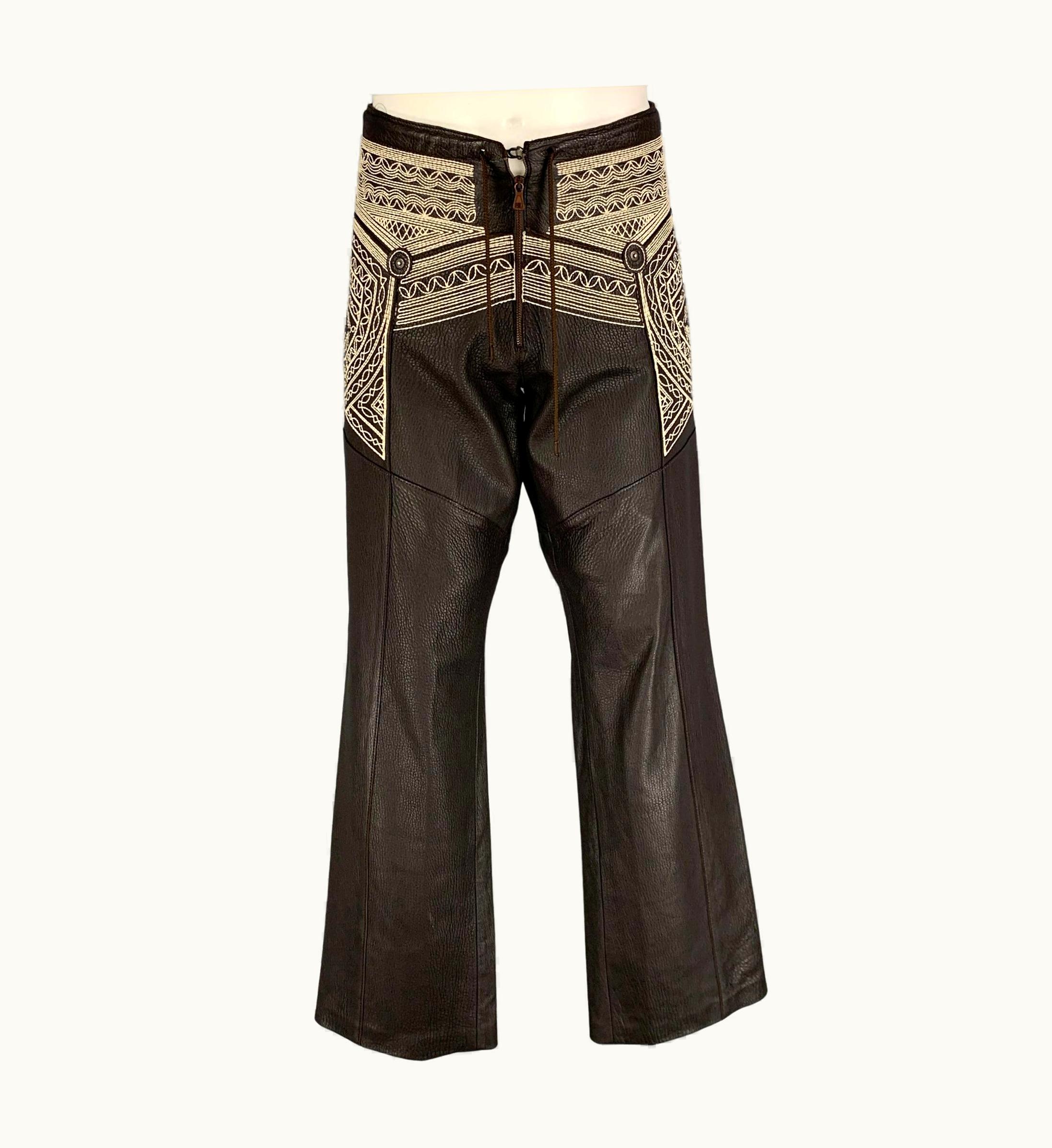 Jean-Paul Gaultier Jean Paul Gaultier 2000 Brown White Embroiderey Studed Leather Pants