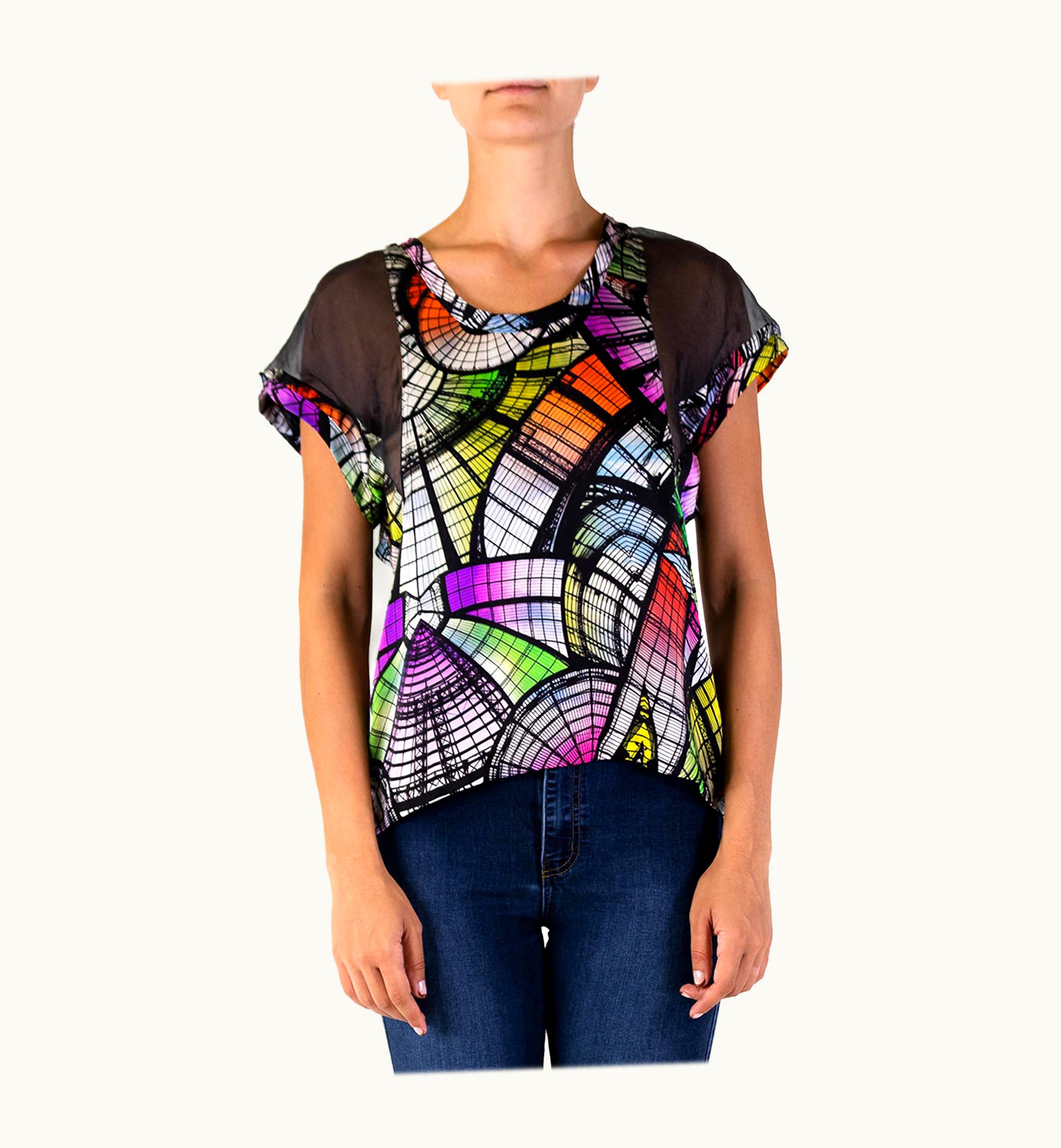 Jean-Paul Gaultier 1990s Jean Paul Gaultier Multicolor Silk Organza The Grand Palais Print Top