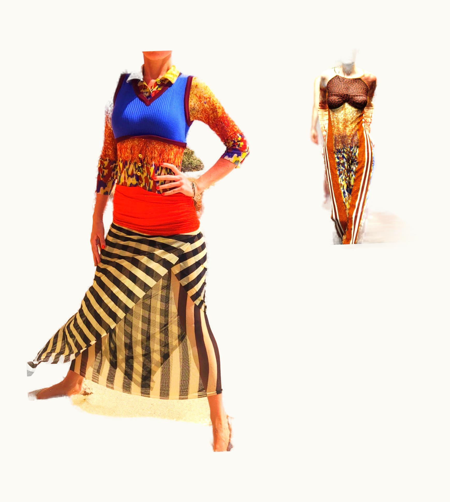 Jean-Paul Gaultier Jean Paul Gaultier Optical Illusion Neon Striped Kim Kardashian Mesh Maxi Dress