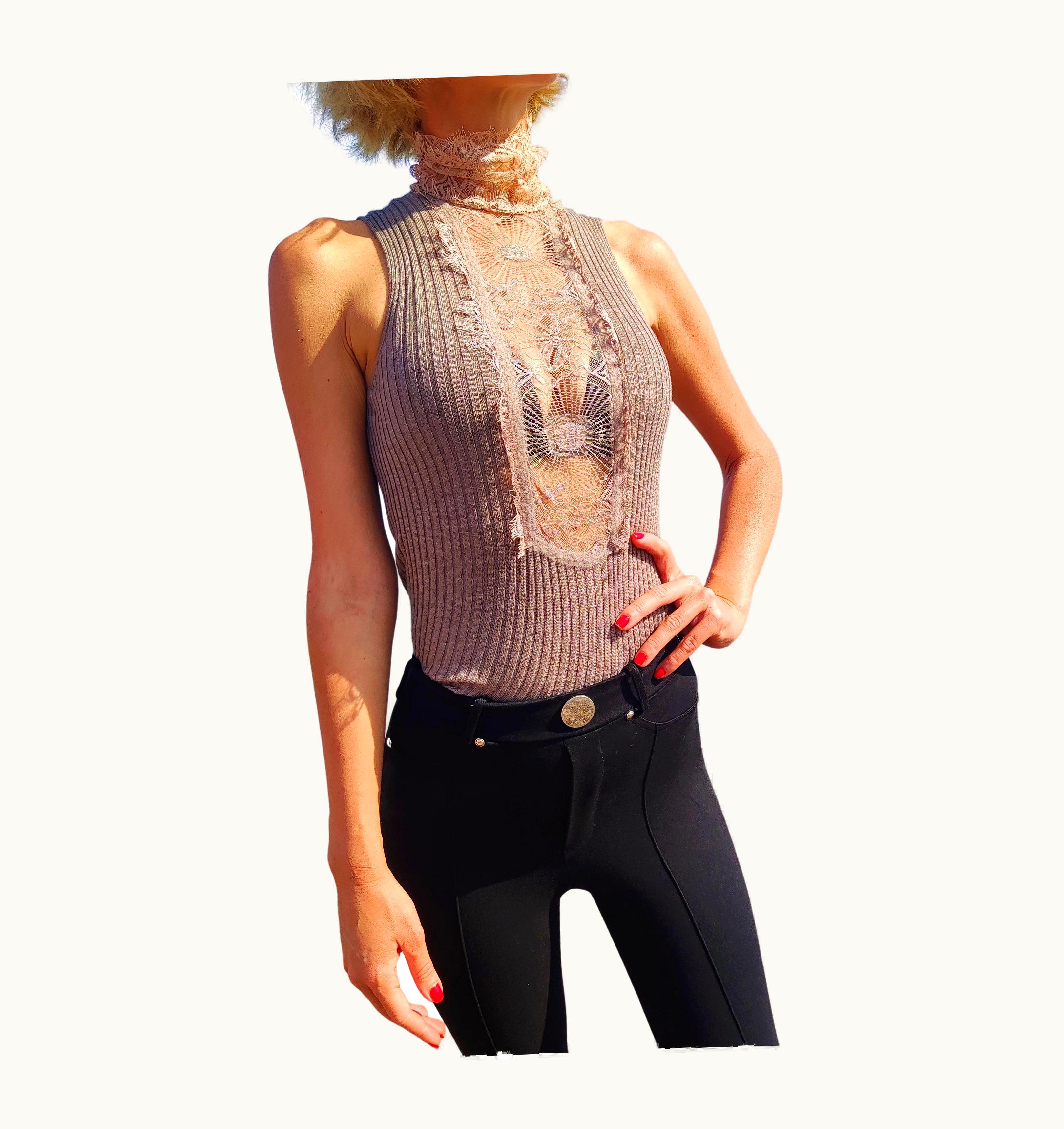 Jean-Paul Gaultier Jean Paul Gaultier Lace Cut Out Cutout Turtleneck Transparent Tank Tee Top