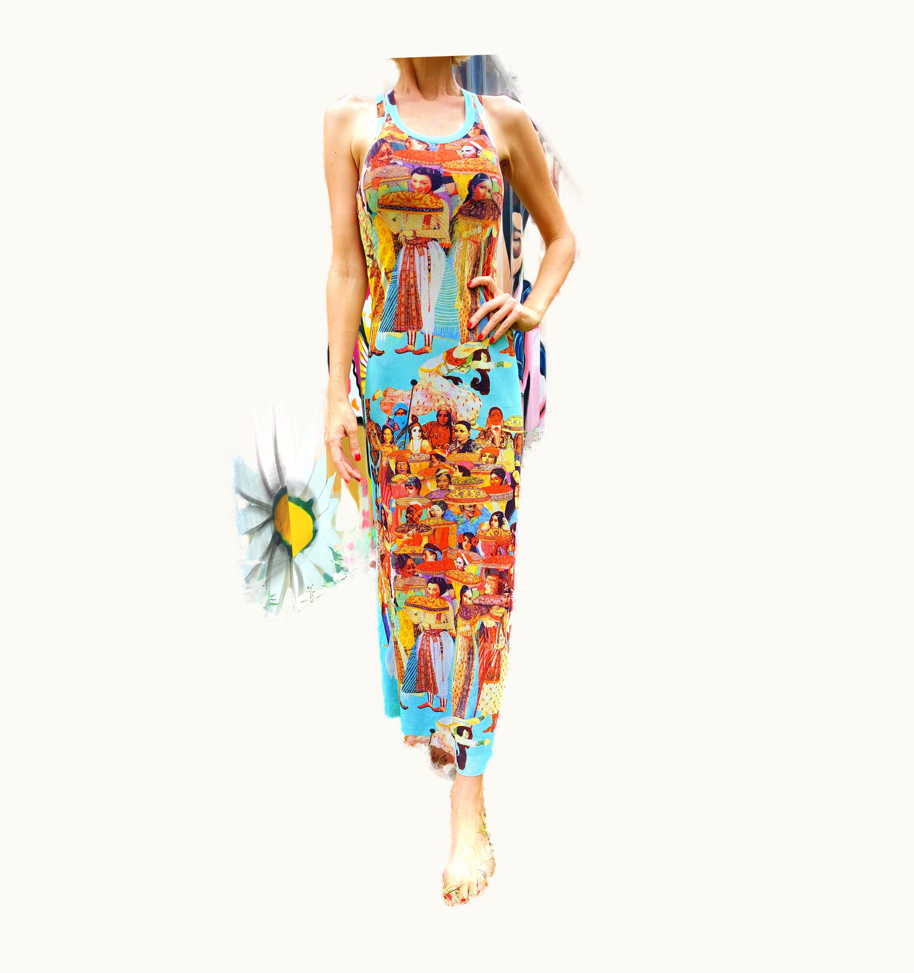 Jean-Paul Gaultier Jean Paul Gaultier Asian Indian Faces People 1990 Blue Multicultural Mesh Dress