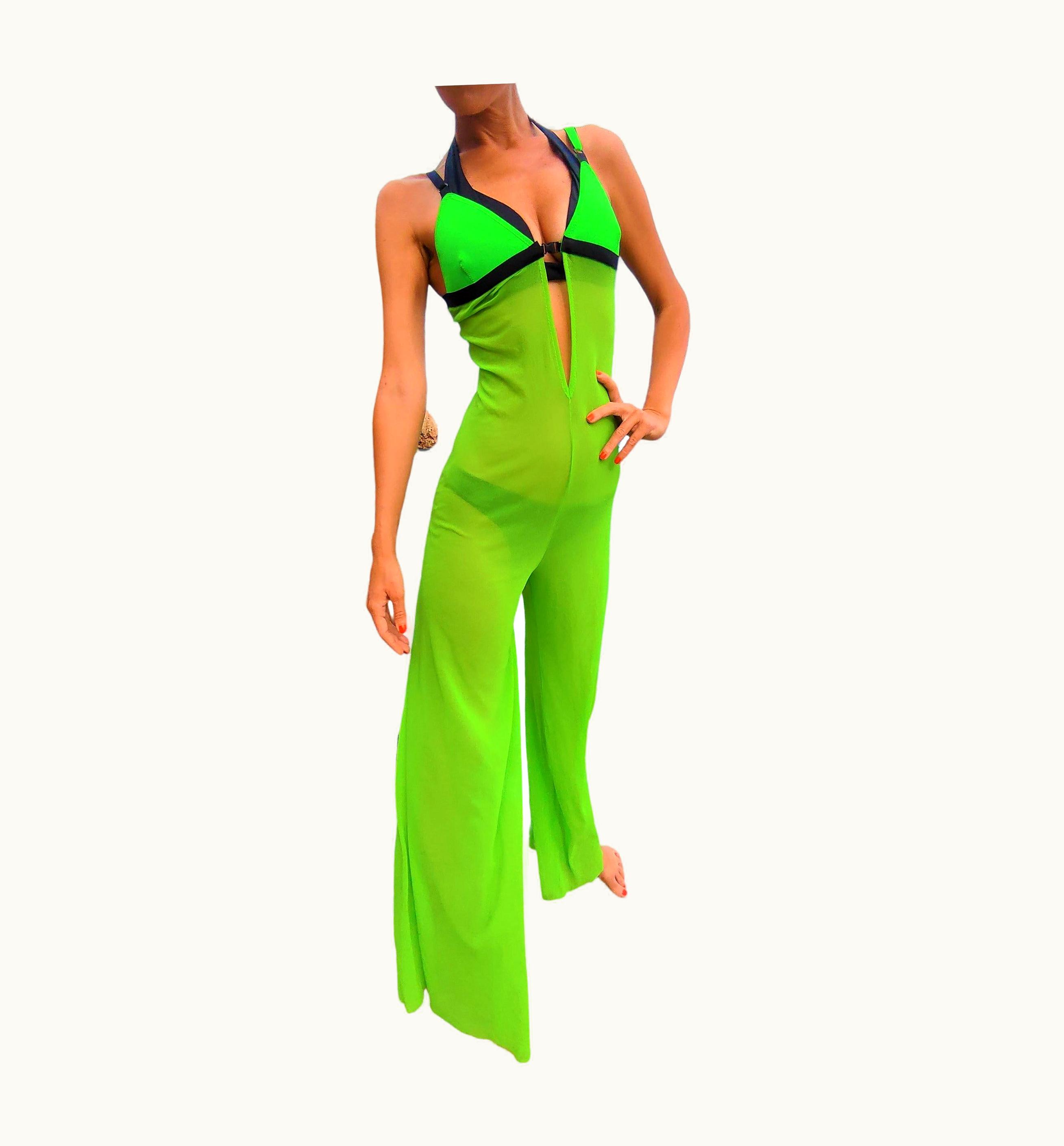 Jean-Paul Gaultier Jean Paul Gaultier Neon Green Cut Out Cutout Mesh Jumpsuit Dress Catsuit